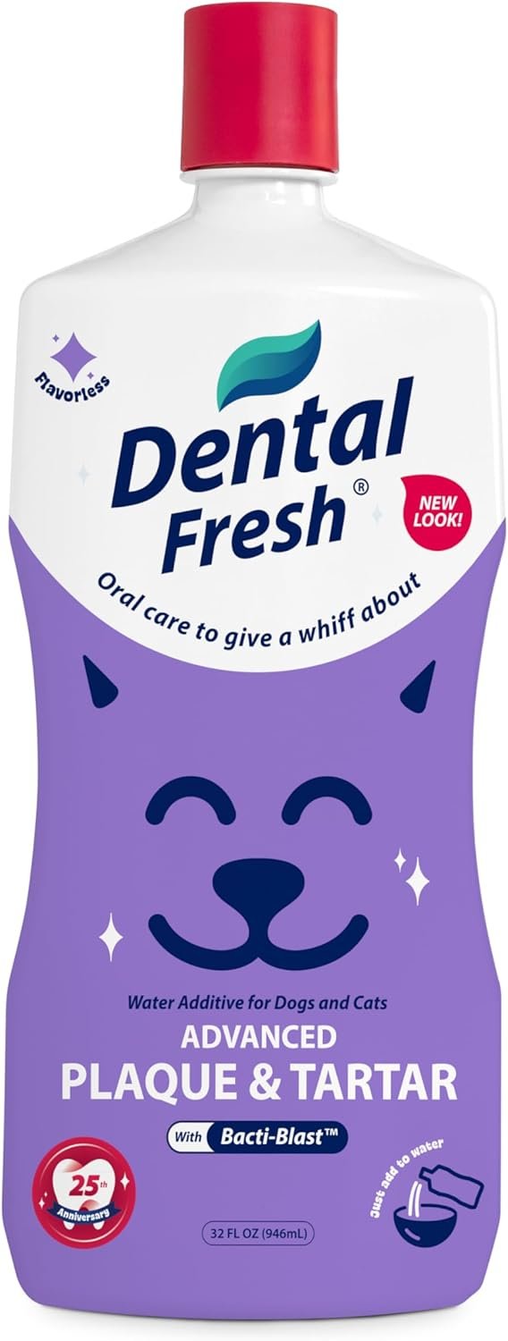 Dental Fresh Advanced Plaque & Tartar Support Water Additive, 32 fl oz | Water additive for dogs and cats helps freshen breath and clean teeth without brushing to improve pet oral health