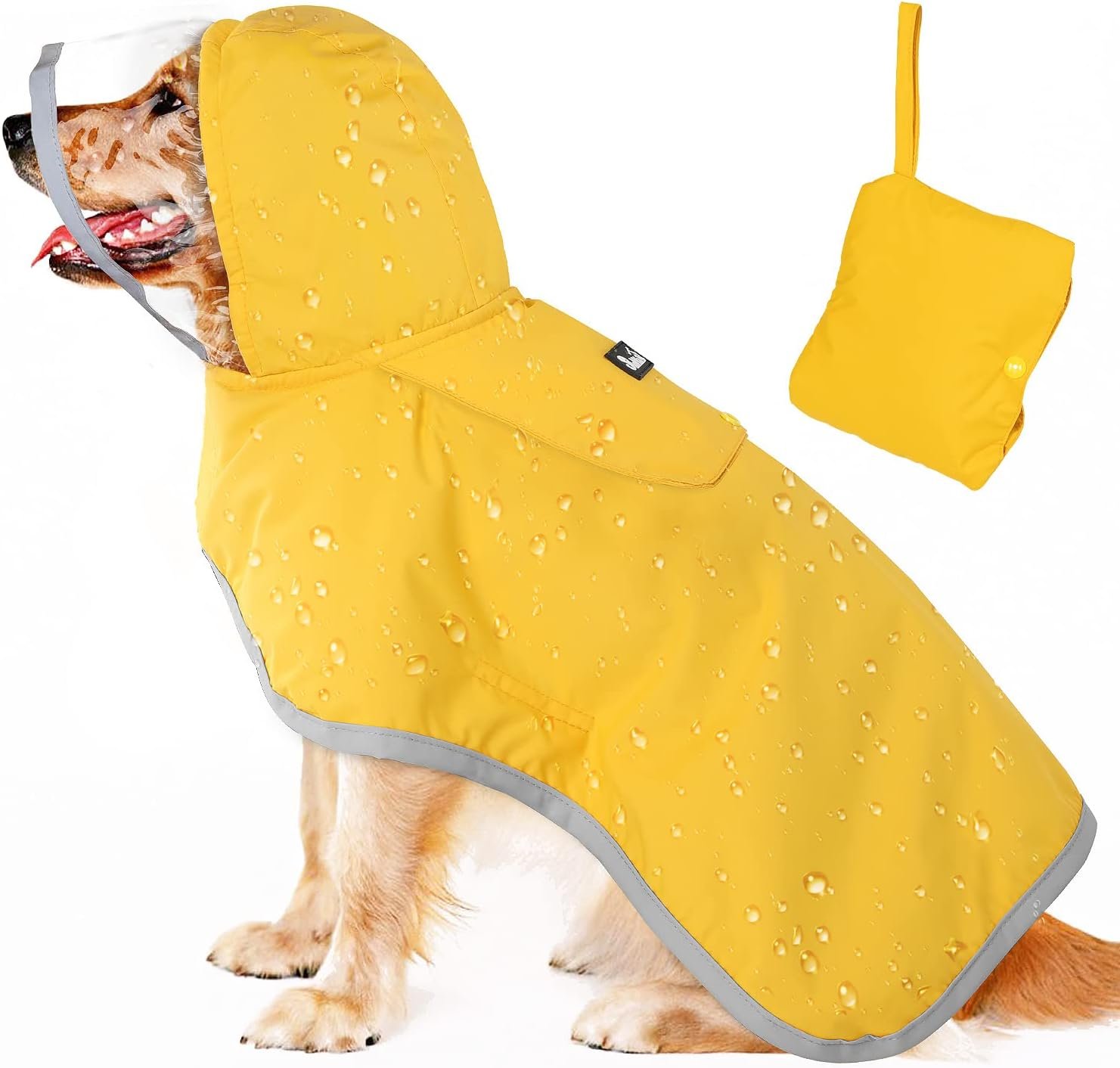 Lukovee Dog Raincoat, Waterproof Rain Jacket, Clear Hood & Reflective Rim | Easy On Off Adjustable Straps, Leash Hole, Soft Mesh Lining, Storage Pocket, Poncho for Small Medium Large Dogs (Yellow, 2XL)
