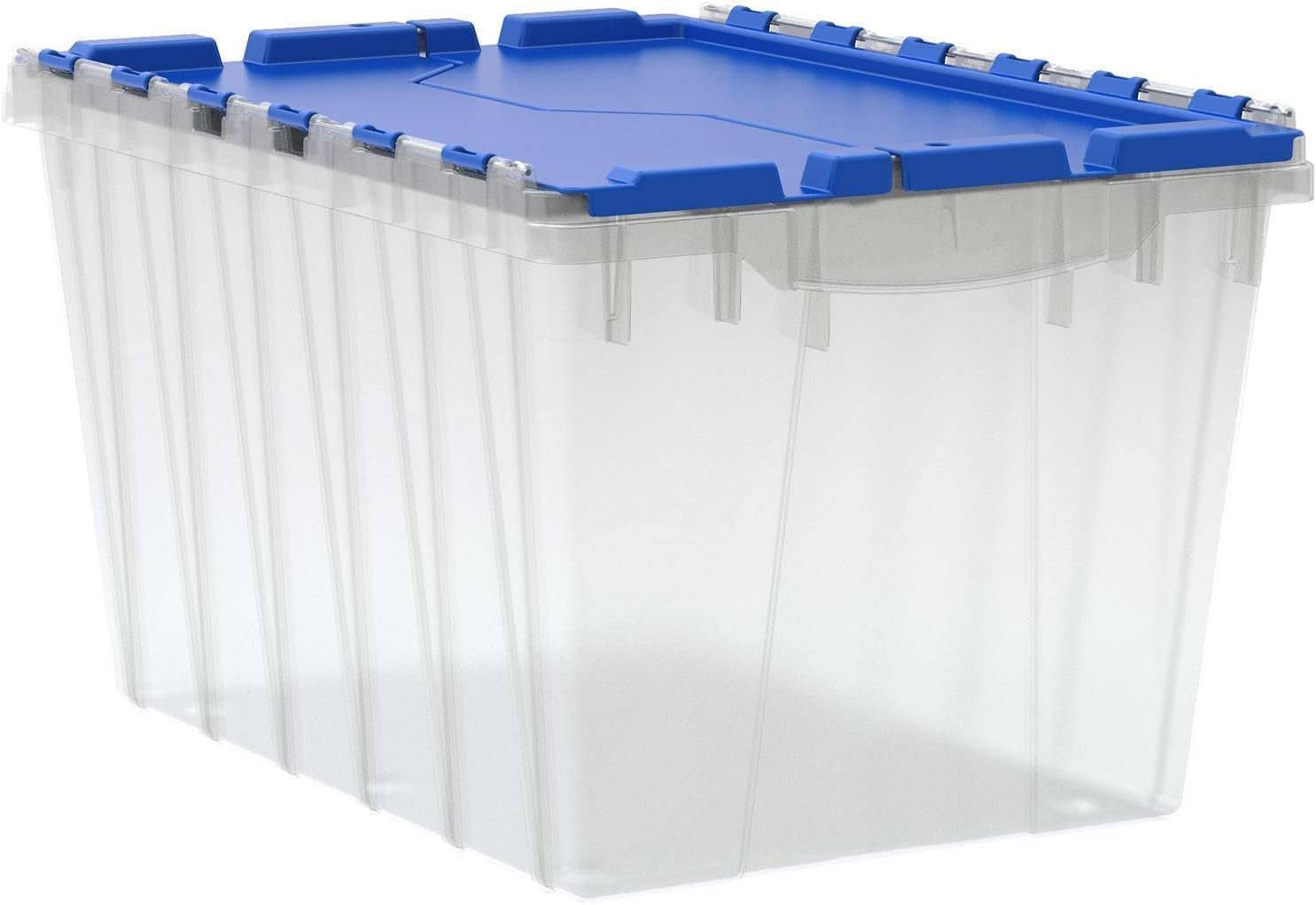 Akro-Mils KeepBox 12 Gallon Storage Container, Nesting and Stackable Plastic Storage Box with Lid Attached, Clear Tote for Garages, Closets, and Moving, 21-1/2″ x 15″ x 12-1/2″, Clear/Blue