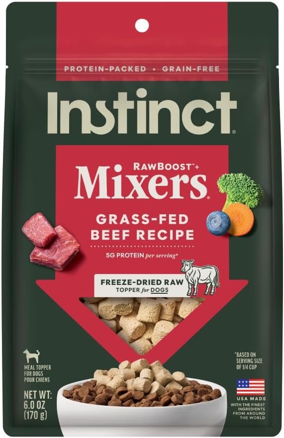 Instinct Freeze Dried Mixers, Dog Food Toppers, Beef, 6 oz. Bag | Freeze-dried raw meal topper or treat, grass-fed beef, non-GMO fruits & vegetables, adds nutrition & flavor