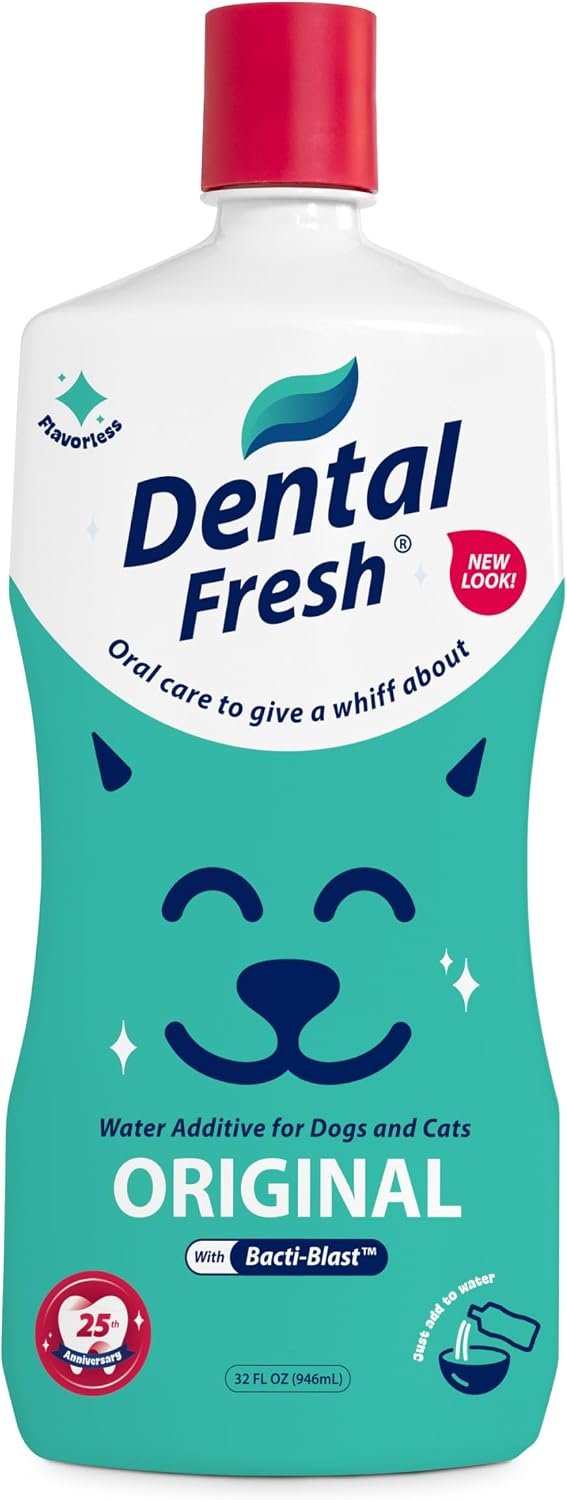 Dental Fresh Original Daily Care Water Additive for Dogs & Cats, 32 fl oz | Flavorless oral care drops clean teeth, freshen breath, and use Bacti-Shield tech to fight odor causing bacteria