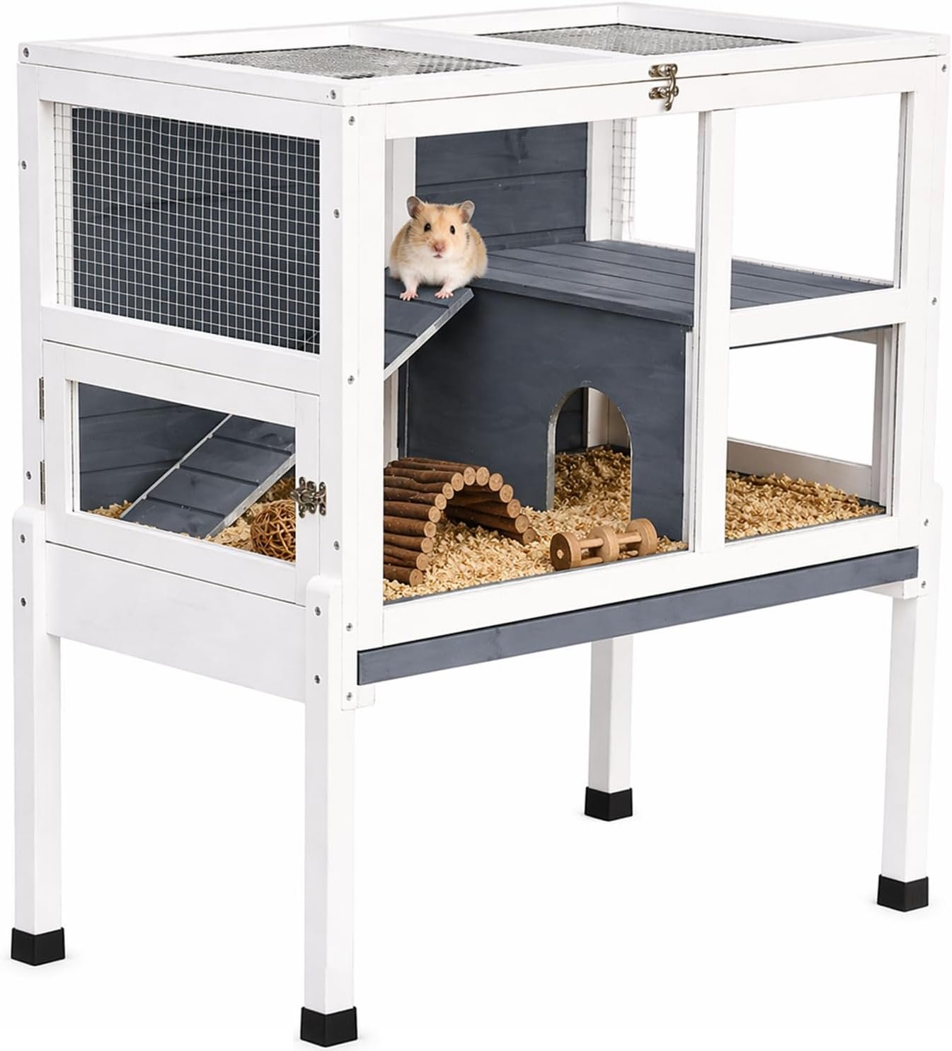 2-Story Guinea Pig Cage with Stand, Indoor Wooden Hamster Cage with Ramp, Pull-Out Tray, Hideout & Platform, Acrylic Transparent Small Animal Habitat for Chinchillas, Ferrets, Hedgehogs,Grey