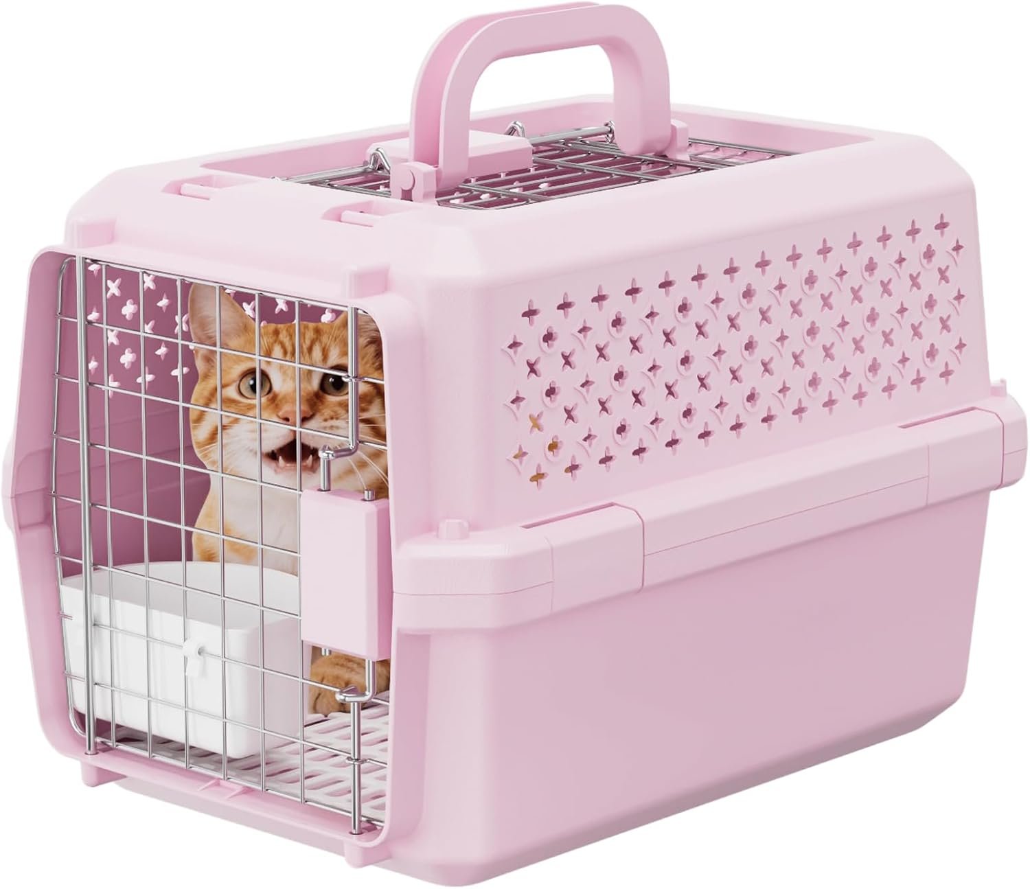 Airline Pet Carrier: Hard-Sided Small Cat & Dog Crate with Bowl | Airline-Approved Size / Durable Metal Locking Door / 360° Ventilation Panels / Top Handle for Easy Carry / Lightweight Shell