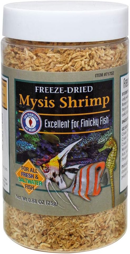 San Francisco Bay Brand Freeze-Dried Mysis Shrimp – Premium Fish Food, Tropical Fish Food, Shrimp Food – Ideal for Freshwater and Saltwater Fish, Cichlids, Angels, Seahorses – 0.88 oz (25g)