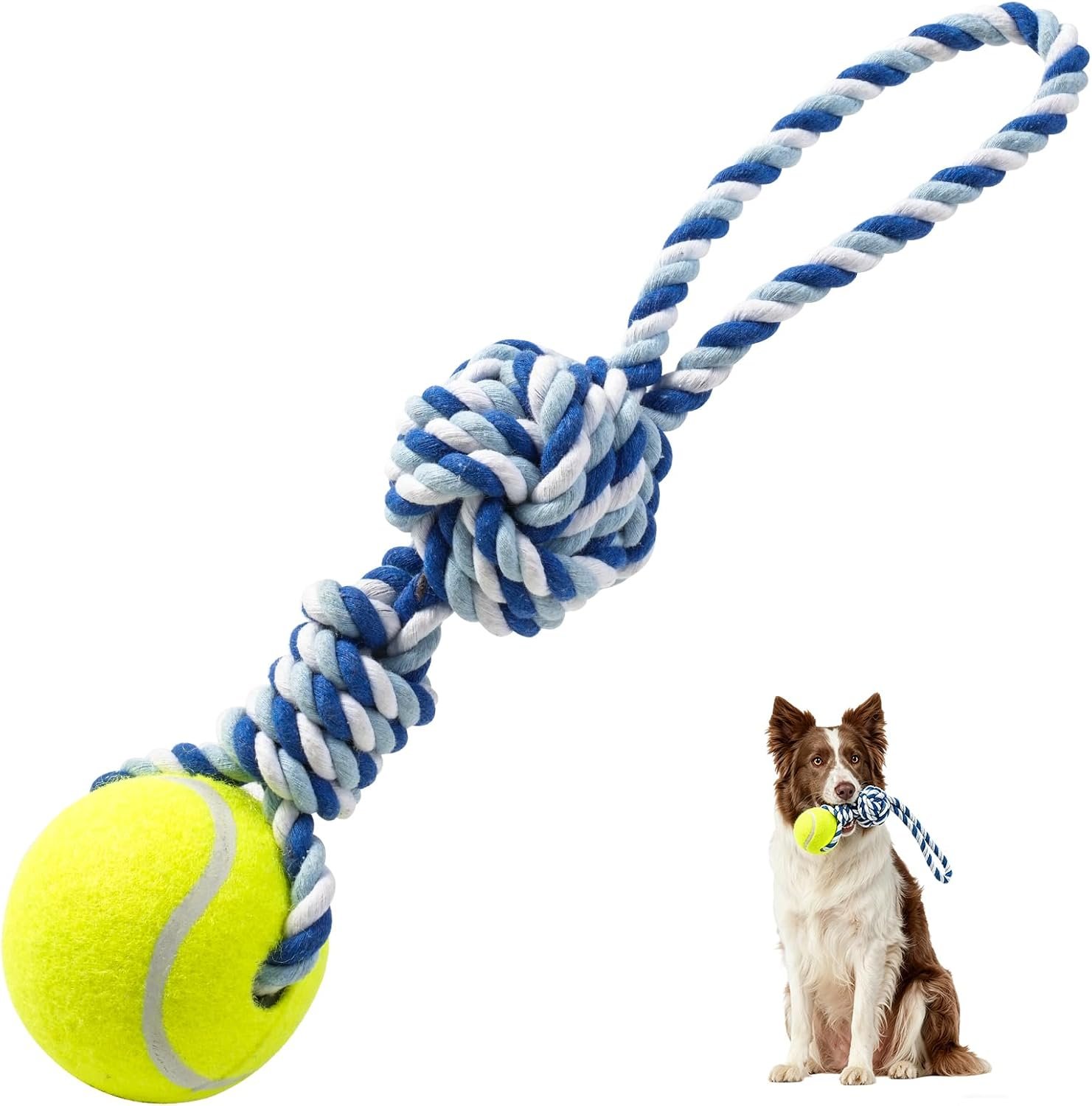 Interactive Tug of War Rope Toy Outdoor Dog Toy with 1 Knot & Tennis Ball | Tether Tug Toy,Teething Cotton Toy,Puppy Chew Toy