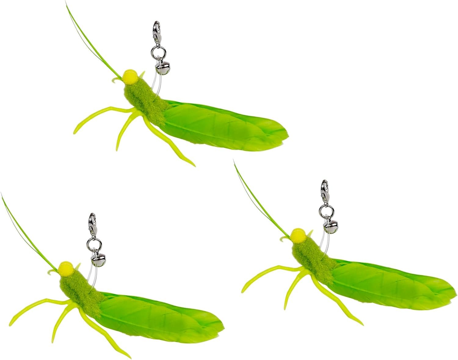 TTcat 3 Pack Grasshopper Cat Wand Refills, Realistic Green Insect Natural Feather Detachable Replacement Toy with Bell, Universal Lobster Clip-on Cat Teaser Attachments.