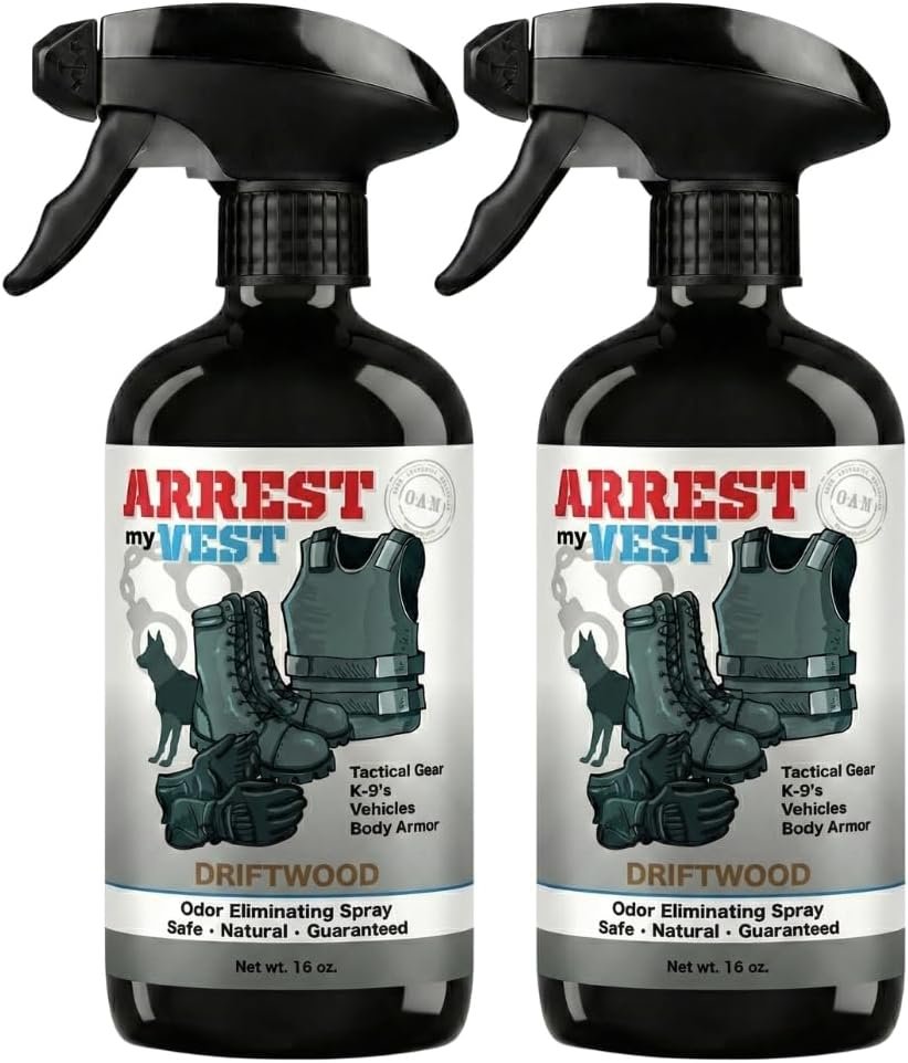 Arrest My Vest Odor Eliminator Spray for Body Armor, Driftwood 2 Pack 16 oz | Deodorizer for Ballistic Vests, Duty Belts, Bulletproof Vests, Tactical Gear, Police Gear and K9 Equipment