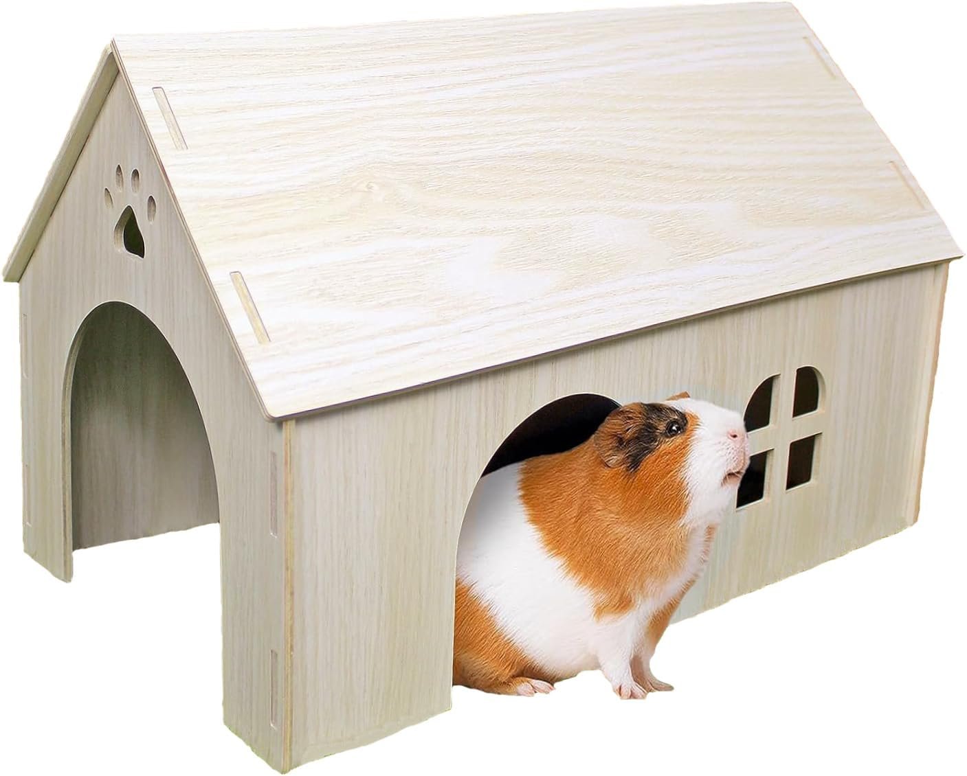 Amonk Guinea Pig Hideout 15x9x10 inch Large Size Wooden House with Window and Roof Wood Hut Habitats Decor for Bunny, Chinchillas, Dwarf Rabbits, Hamsters, and Other Small Pet Animals
