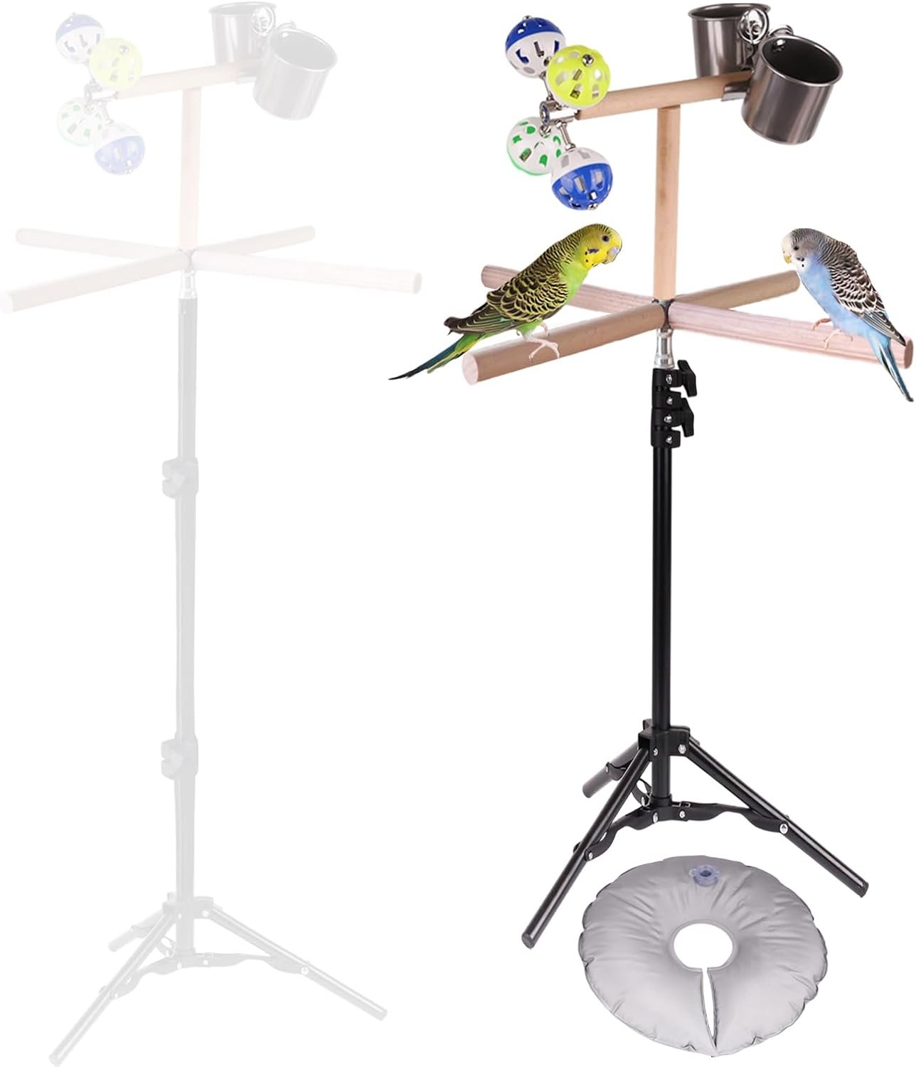 Bird Stand for Inside, Training T-Perch with 15-39 Inch Adjustable Height Tri-pod Base, Parakeet Spinning Perch with Feeding Cups, Exercise Stand for Inside (Upgrade)
