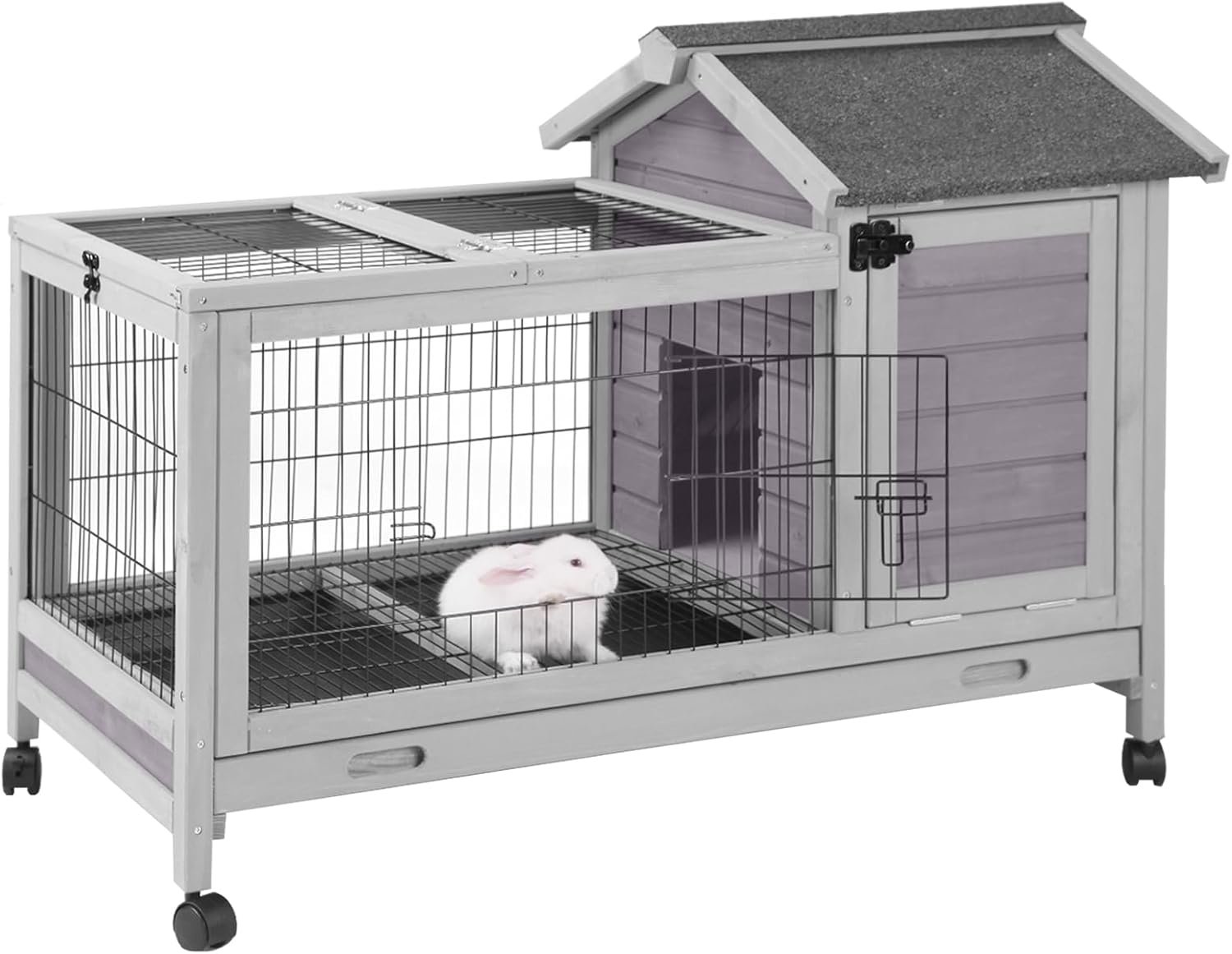 Wooden Rabbit Hutch Indoor and Outdoor, Rabbit Cage with Removable Wire Netting and Leak Proof Tray, Mobile Bunny Cage with Wheels (Grey)