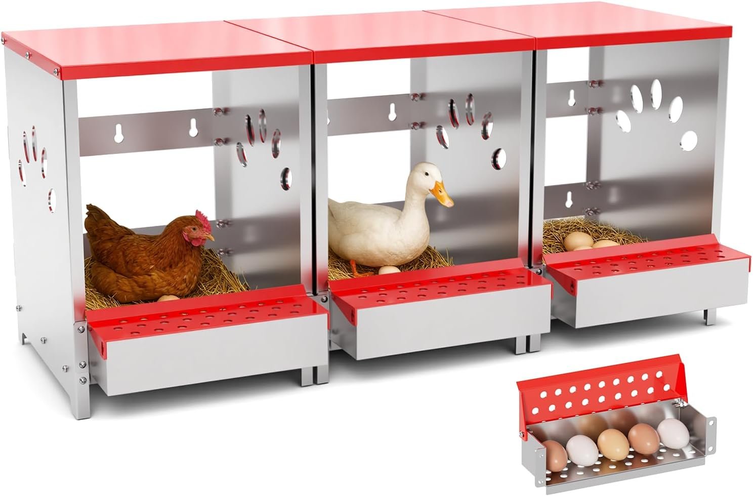 Chicken Nesting Boxes 3 Hole, Large Metal Hen Laying Box with Swing Perch | Roll Away Egg Collection, Wall Mountable with Vented Holds for Chickens Ducks Birds