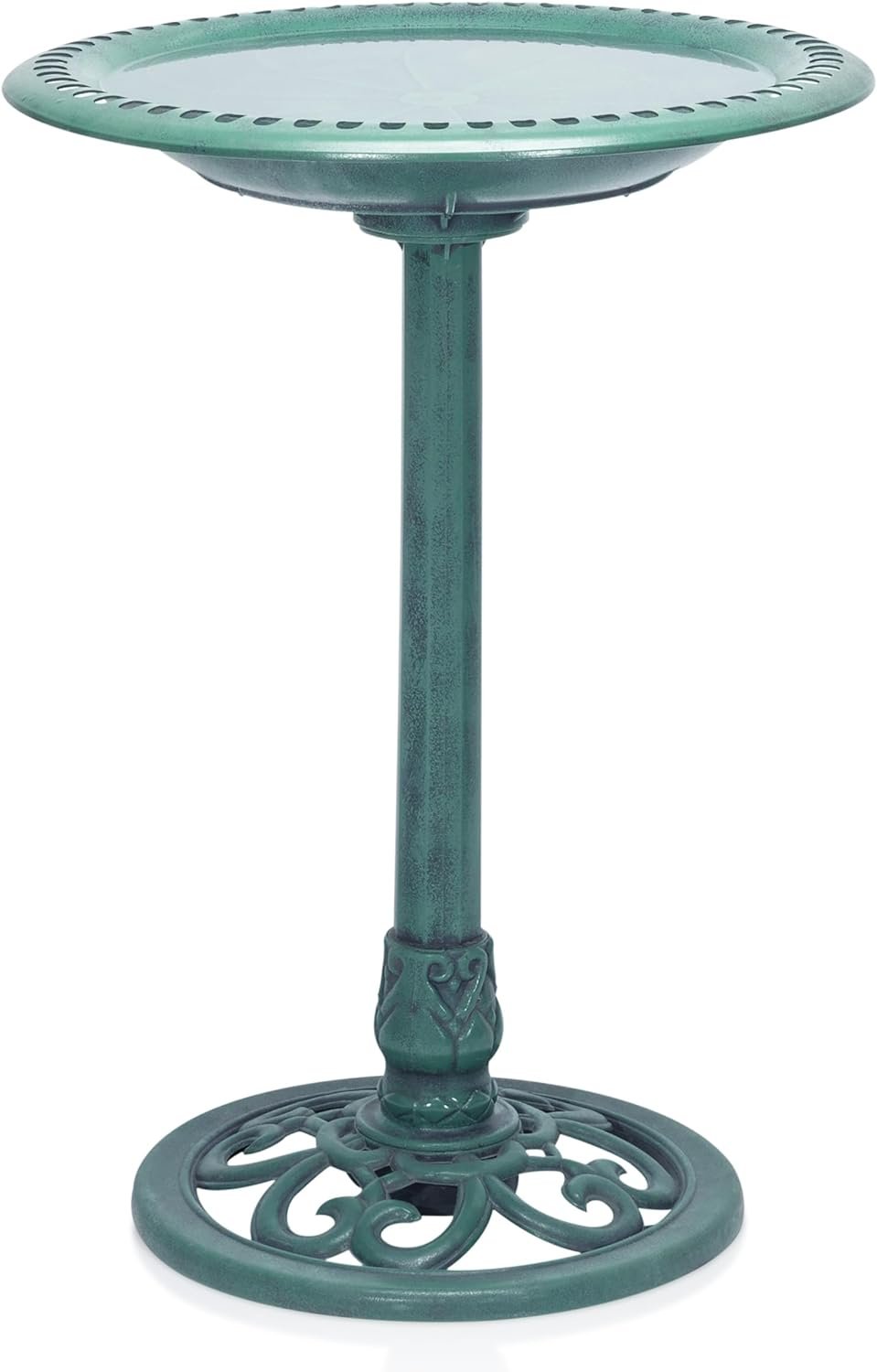 Alpine Corporation TEC116 Outdoor Aged Green Pedestal Birdbath with Scrollwork, 28″ Tall, Green