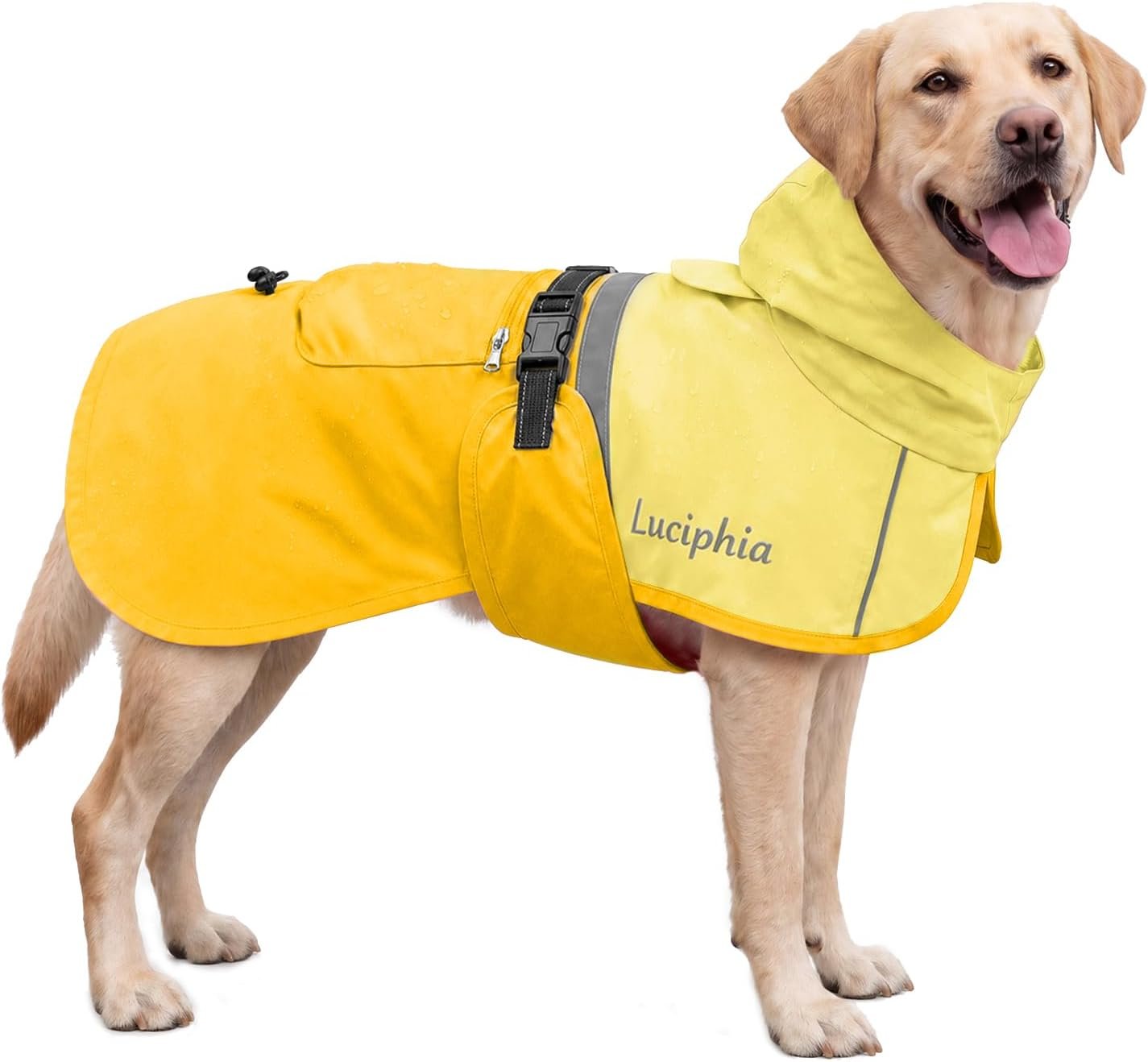 Luciphia Dog Raincoat, Adjustable Hooded Reflective Jacket with Pocket | Yellow X-Large dog rain jacket with leash hole, buckle-on, non-stick fur. For daily walks.