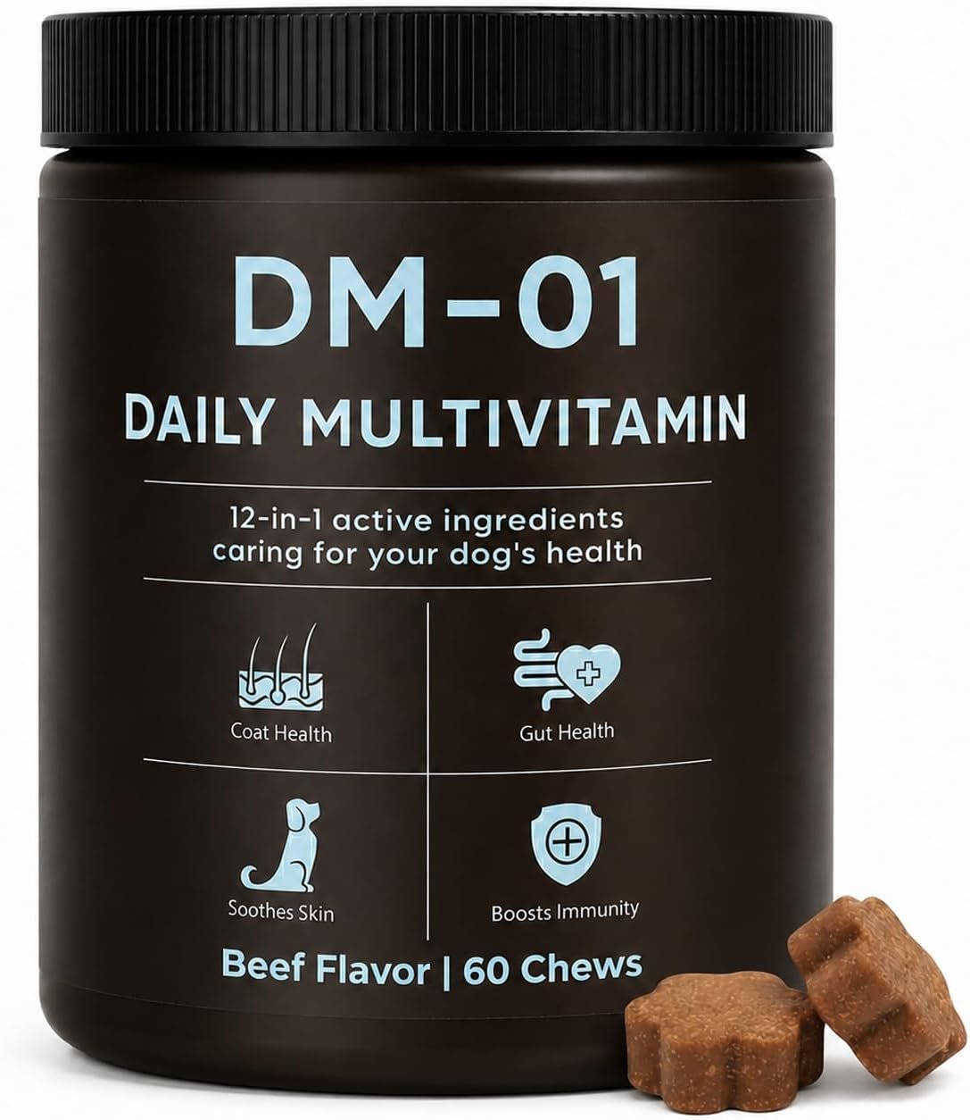 DM-01 Daily Multivitamin for Dogs, Multivitamin Itch Relief Chews, Beef | 12-in-1 daily multivitamin chews with Salmon Oil, Probiotics, Glucosamine & Essential Vitamins for everyday dog wellness.