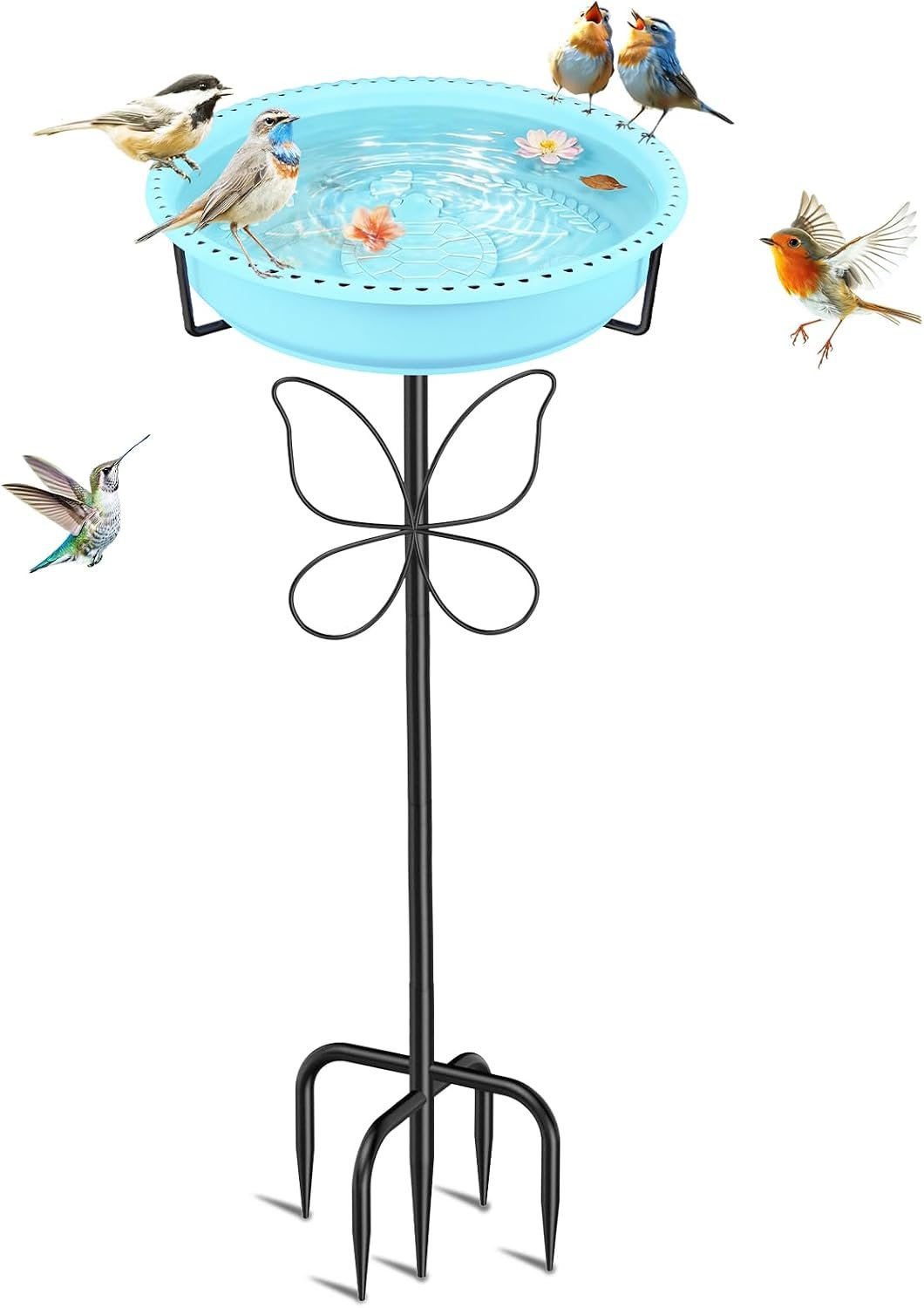 37In Bird Bath for Outside, 2-in-1 Birdbath & Birdfeeder with Detachable Plastic Bowl, Metal Butterfly Stake & Sturdy 5-Pronged Base for Outdoor Garden Yard Decor (Blue)