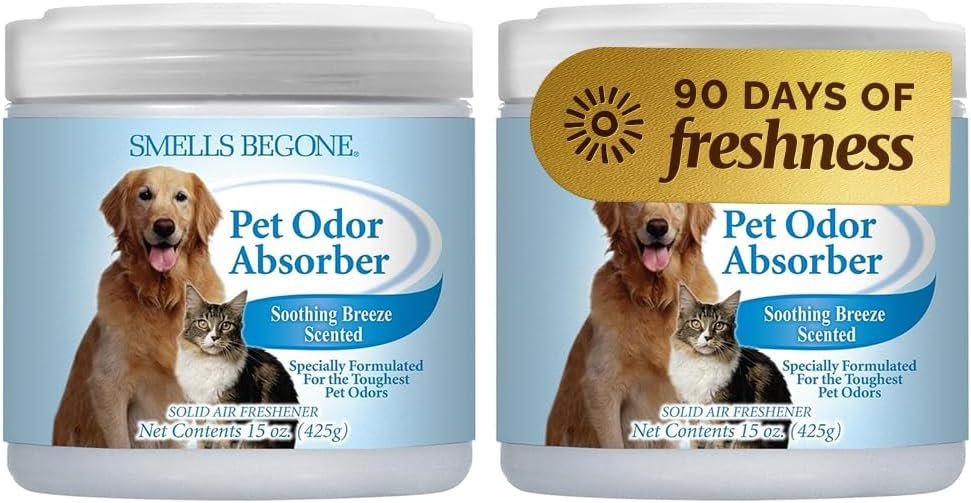 SMELLS BEGONE 15oz Gel Pet Odor Eliminator – Absorb & Remove Strong Odors from Pets, Cat Litter, Dog Poop, Urine Smells – Eliminate Whole Home Odors with Essential Oils (2-Pack, Pet Soothing Breeze)