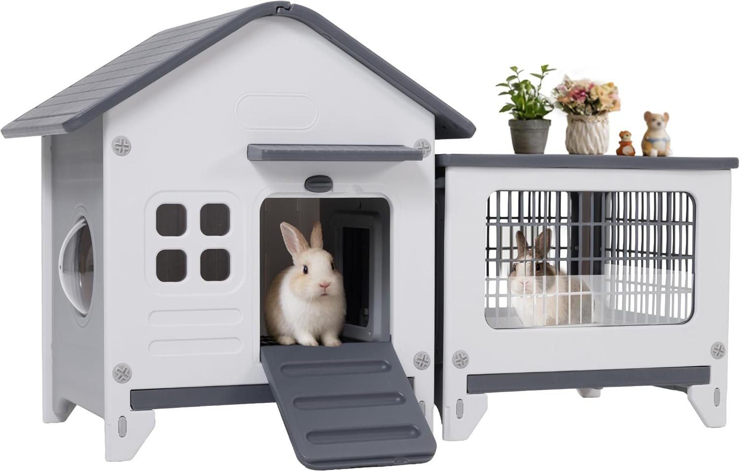 Plastic Rabbit Cage Outdoor Indoor, Bunny Cage Guinea Pig Cages with Run | Waterproof Rabbit Hutch Leak-Proof Pull-Out Tray&Chew-Proof, Easy-Clean & Ideal for Small Animal Cage Enclosure