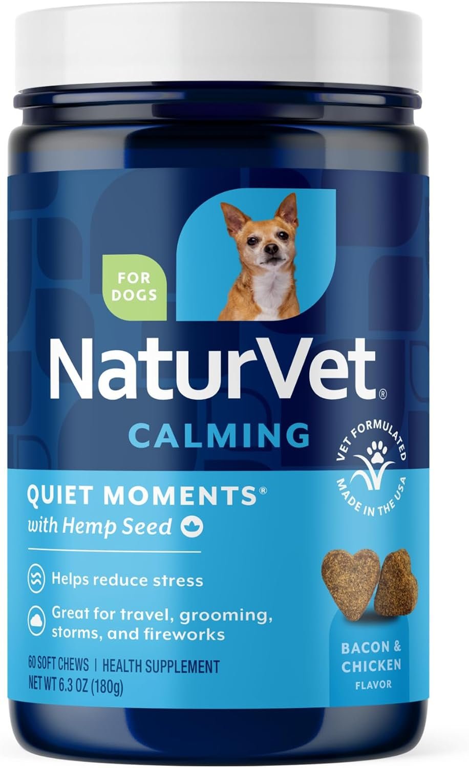 NaturVet Quiet Moments Plus Hemp Calming Aid Soft Chews for Dogs, Count of 60, 60 CT | Calming Aid for Dogs – Promote Relaxation, Reduce Stress, Storm Anxiety and Motion Sickness