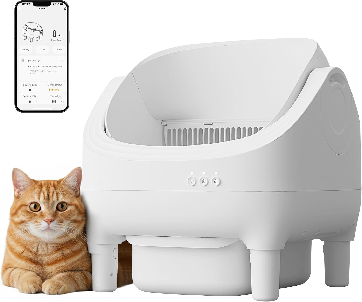 WARCAT Self-Cleaning Litter Box – Open Top, APP Control, White | 15L large waste bin. Smart APP control with open-top design. Easy odor control. Includes trash bags and mat.