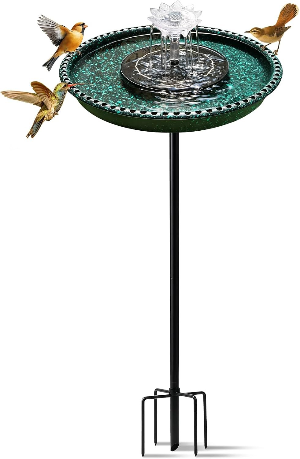 Bird Bath with Solar Powered Fountain for Hummingbirds,Stable Stylish Design with 5-Prong Base Stake Plastic Bird Bath for Outside Lawn Patio Yard Garden
