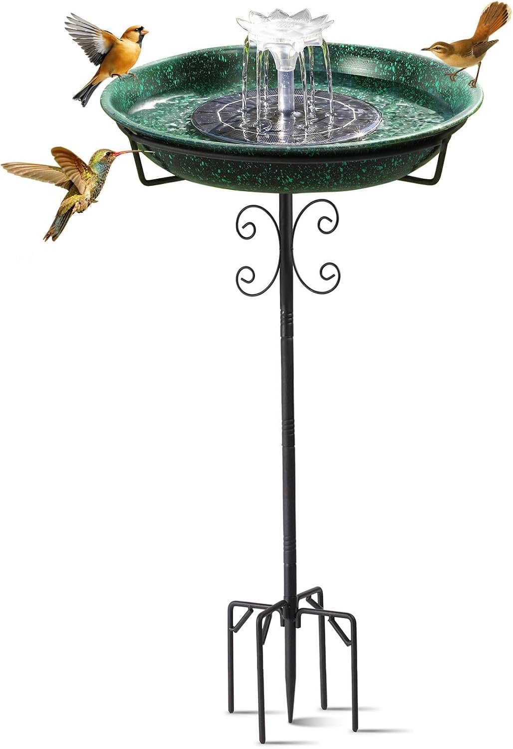 Metal Bird Bath with Solar Fountain for Hummingbirds,Stable Stylish Design with 5-Prong Base Metal Stake Bird Bath for Outside Lawn Patio Yard Garden