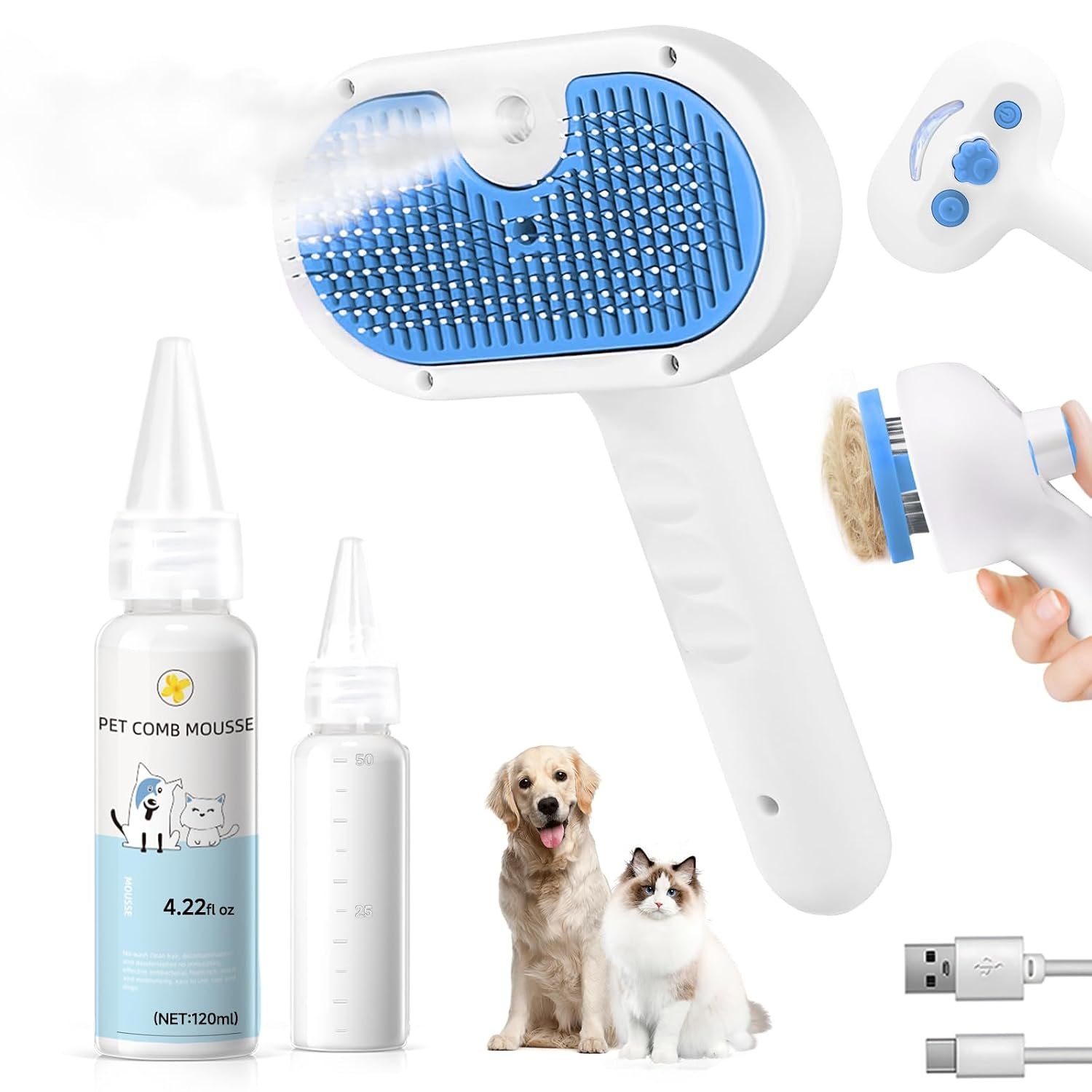 Pet Steam Brush for Dogs & Cats, 3-in-1 Shedding Grooming Tool | Self Cleaning Spray Comb with Mist, Dog Brush for Shedding, Cat Brush for Hair Removal, Long Haired Pet, Waterless Shampoo