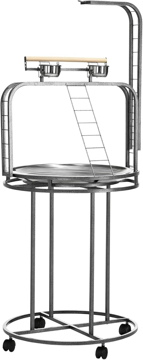 PawHut Parrot Stand Large Bird Perch Stand with Toy Hook & 3 Ladders, Parrot Perch with Easy Grip, Bird Wooden Stand, Gray | Parrot Perch with Easy Grip, Bird Wooden Stand