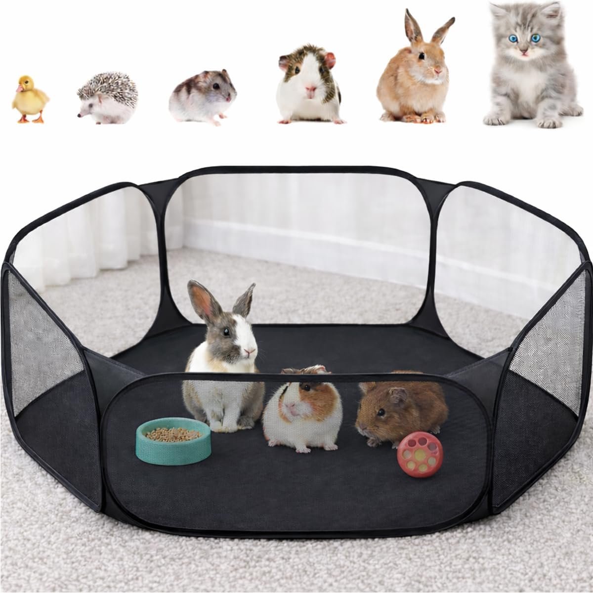 Amakunft Small Animal Playpen, Pop-Up Portable Play Yard for Guinea Pigs, Rabbits, Hamsters, Hedgehogs, Foldable Exercise Fence with Breathable Mesh for Indoor Outdoor Use | 47 x 24 x 15 in portable guinea pig play pen with breathable mesh, folds flat for storage and travel, for small pet play