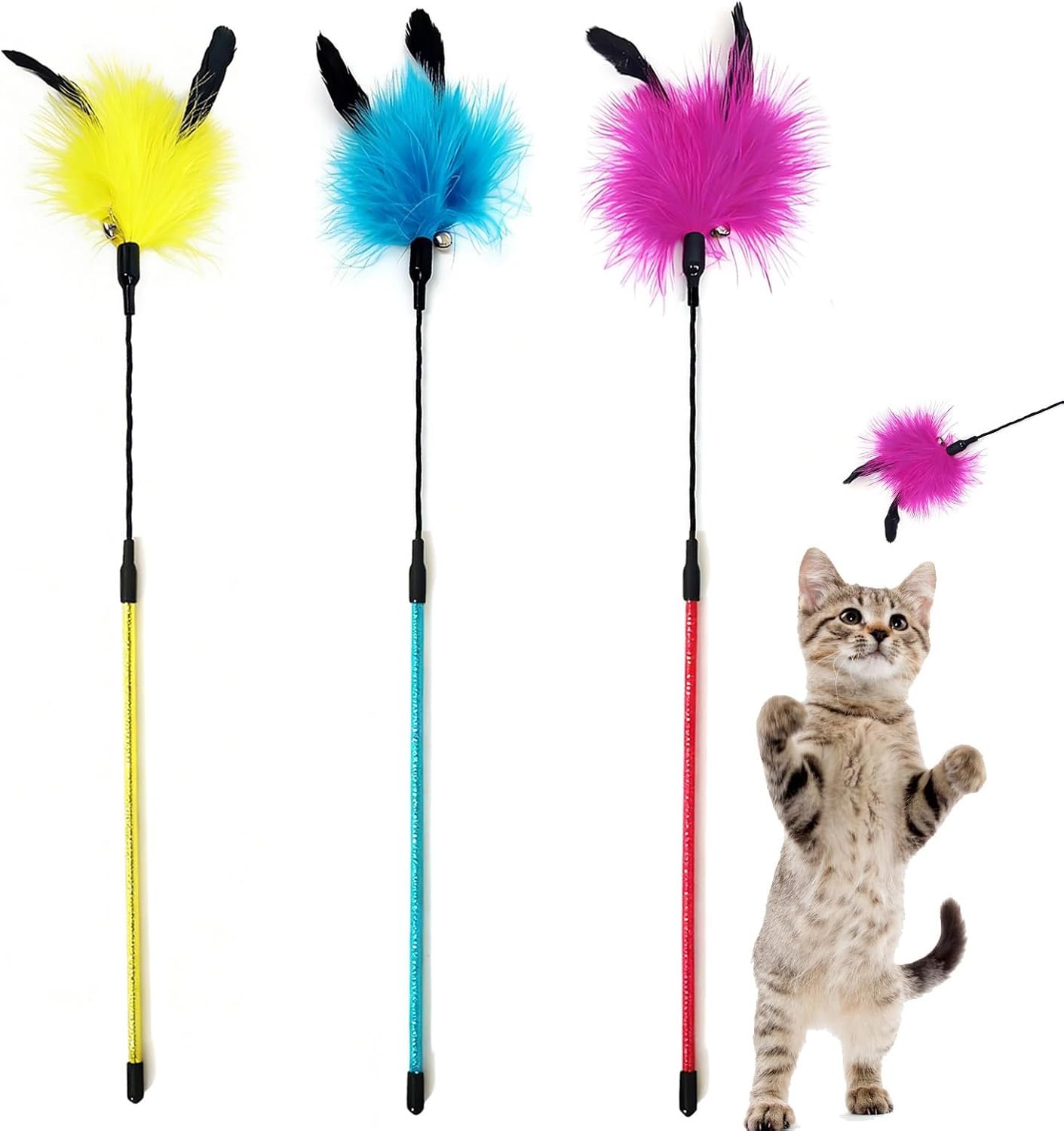 IUHKBH Cat Feather Wands, 3 Colors Soft Turkey Feather Teaser Wands Interactive Unbreakable Kitten Wands Fun Kitty Toy for Indoor Cats Play Exercise