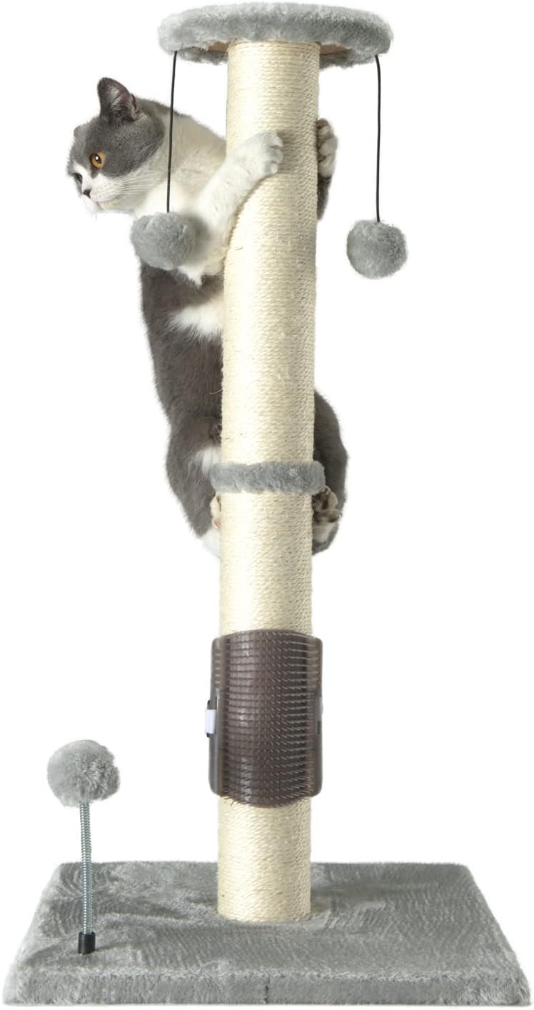 PEEKAB 32″ Tall Cat Scratching Post Sisal Scratch Posts with Hanging Ball and Self-Massage Brush Vertical Scratcher for Indoor Cats and Kittens Light-Gray 32inches