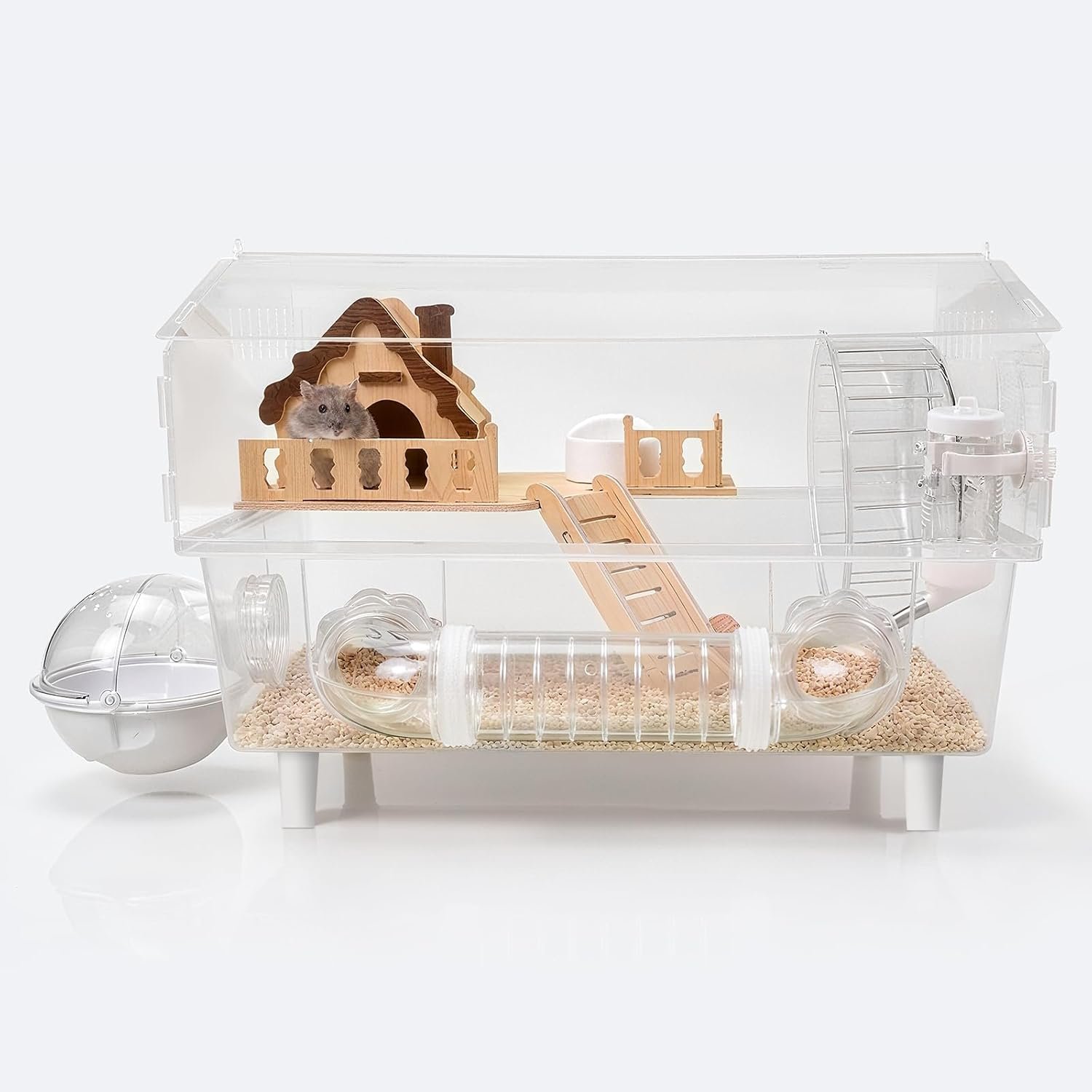 Clear Acrylic Hamster Cage, Dwarf Hamster Cage, Mouse Cage, Gerbil Cage – All-in-One Hamster Habitat with 18cm Silent Wheel, Tubes & Full Kit, 17.7×11.8×13.8″ for Dwarf Hamsters, Mice, Gerbils
