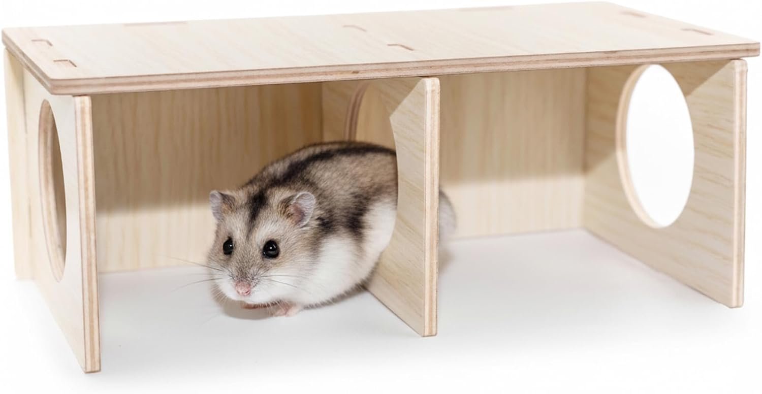 Hamster Peep Tunnel, 2-Chamber Wooden Hamster Hideout, Water-Resistant Platform for Dwarf Hamsters and Small Pets, 8.3″ x 4.3″ x 3.1″