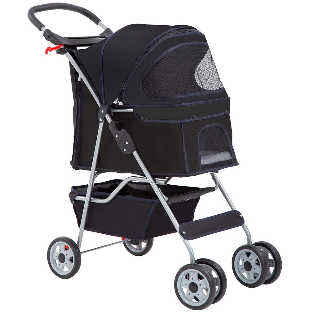 BestPet | 4-Wheel Foldable Pet Stroller | Black | Lightweight & Portable | Travel Carrier with Mesh Windows, Storage Basket, Cup Holder, Safety Brakes, and Waterproof Fabric | For Small Dogs and Cats