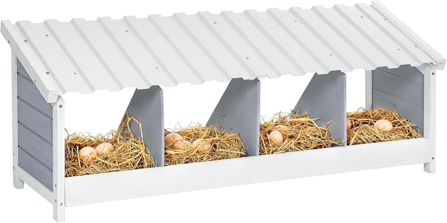 PETSFIT 4 Holes Chicken Nesting Box, PVC Waterproof Roof, Privacy Cover | Wall Mounted or Floor Use, Natural Fir Wood, Easy to Assemble and Clean, For Backyard Coops and Farms, Fits Standard Hens