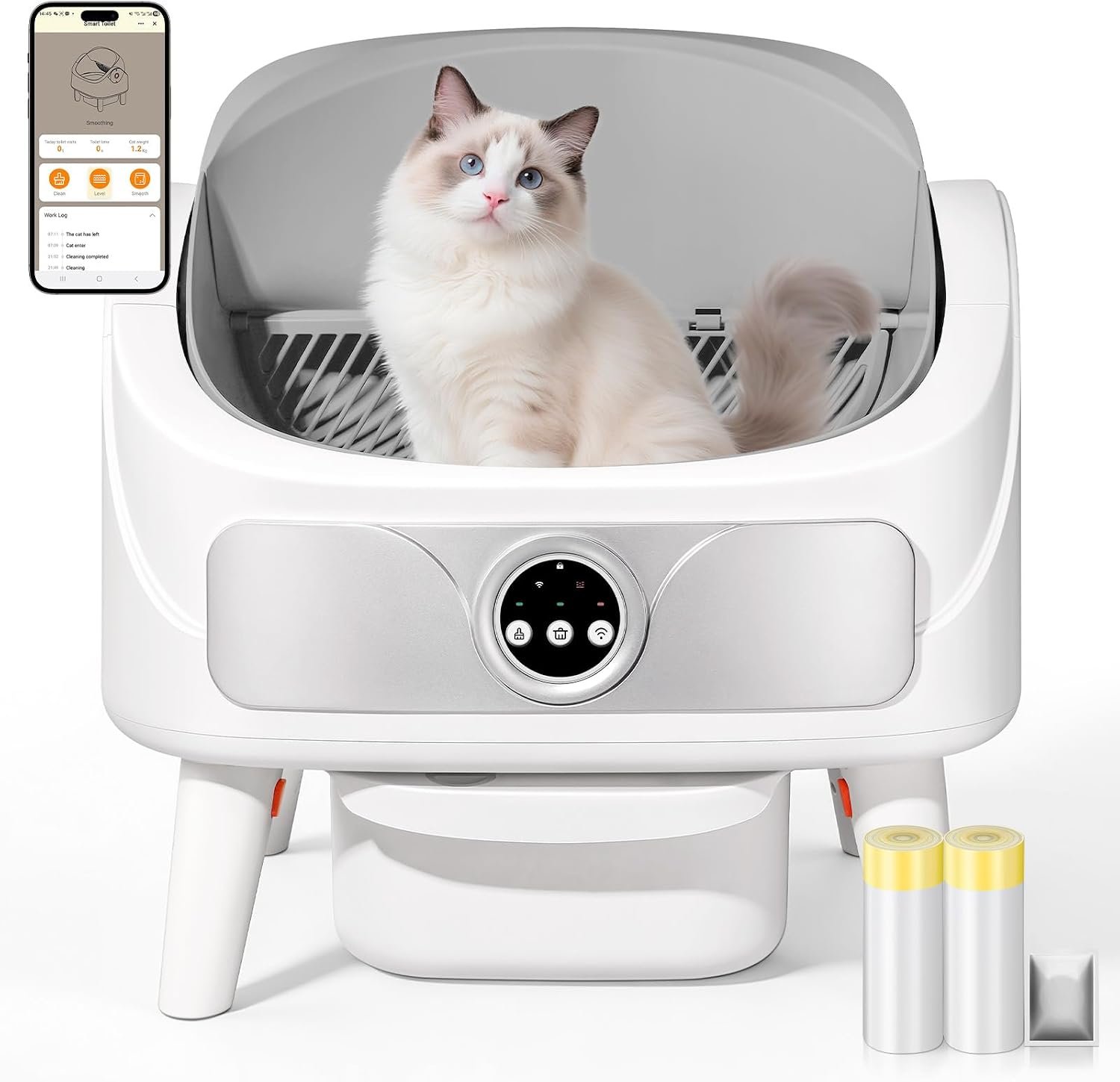 SUW Self Cleaning Cat Litter Box, Open-Top Automatic Litter Box for Multiple Cats, Large Capacity Robot, APP Control, Safety Protection, 2 Rolls Litter Liners Bag, 1 Odor Eliminator, Cat Gift