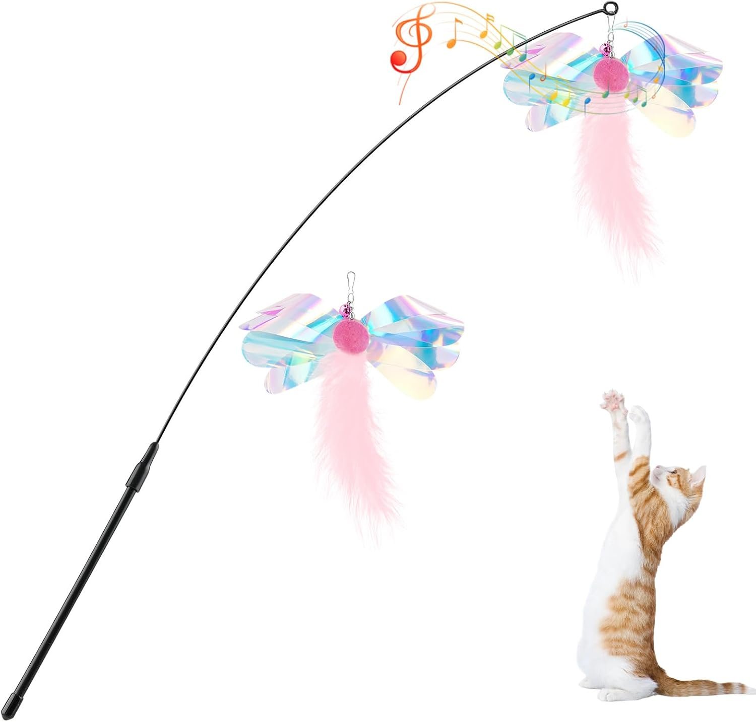 Pawaboo Cat Feather Wand Interactive Toy, 2 Feathers + 1 Wand with Bell | Cat Feather Teaser Toys Flying Catcher Extra Long 34.5″ Wand Exerciser Playing Chase Cat Toy Wands for Kitten, Pink Butterfly