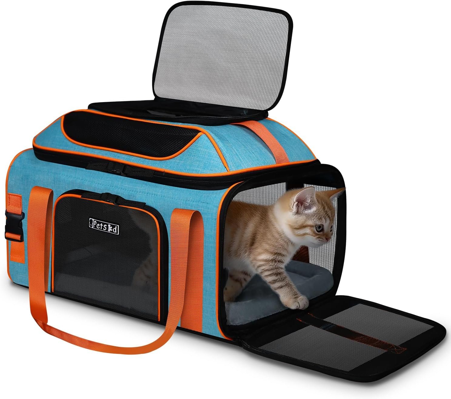 Top-Expandable Pet Carrier 19″x13″x9″ Airline Approved, Blue | for Southwest Allegiant Airlines, Lockable Safety Zippers and Anti-Scratch Mesh, Pets Under 12 Lbs
