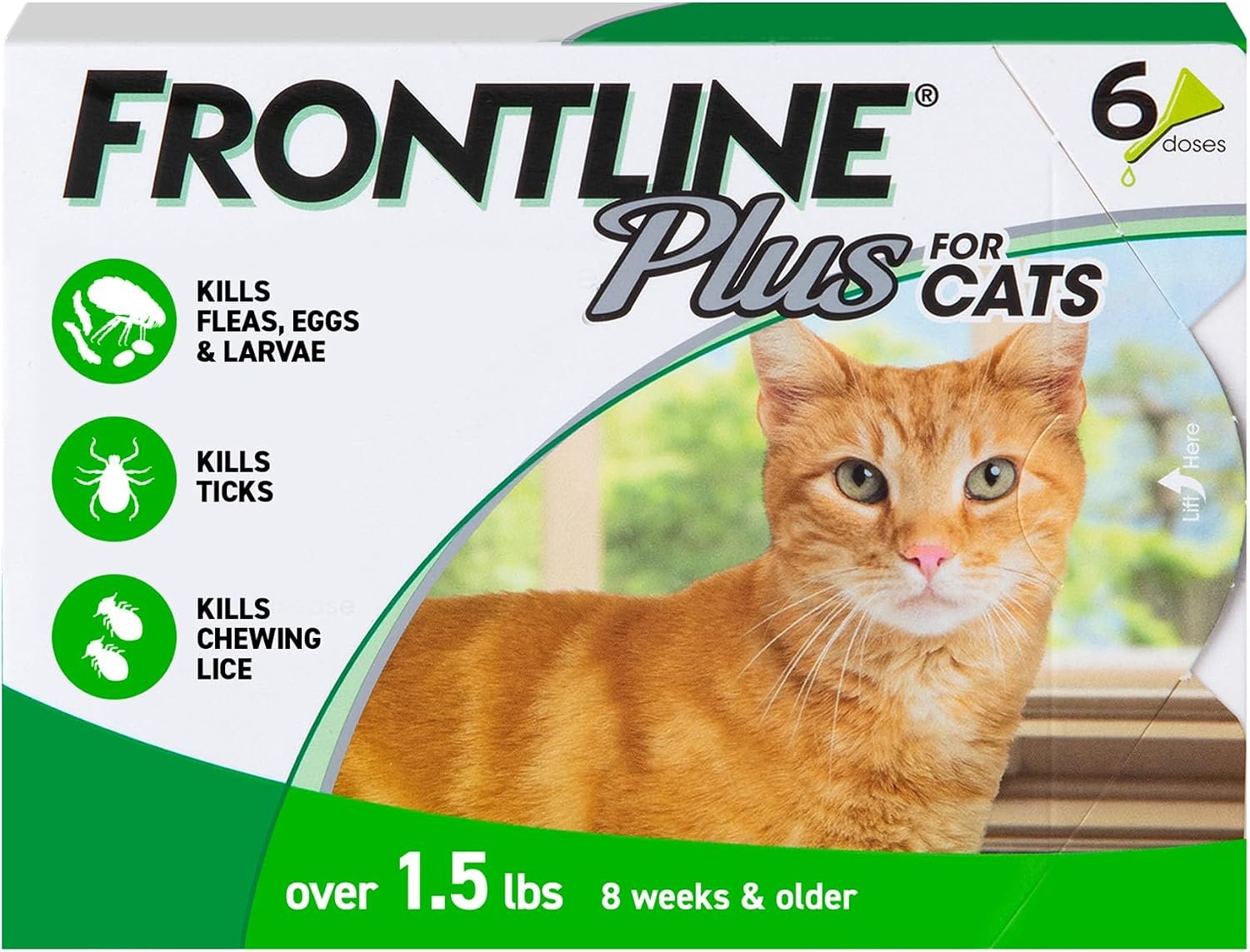 FRONTLINE Plus Flea & Tick Spot Treatment for Cat & Kitten (Green) Count of 6 | #1 name in flea and tick protection,¹ kills fleas, ticks & chewing lice, waterproof 24 hr, monthly application