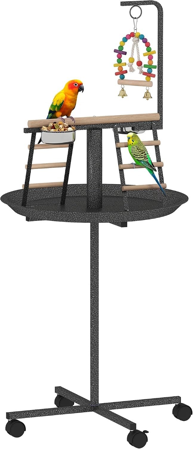 PawHut Bird Stand with Wheels, Perch, Stainless Steel Feed Bowls Dark Gray | Parrot Stand, Round Tray, for Indoor Outdoor