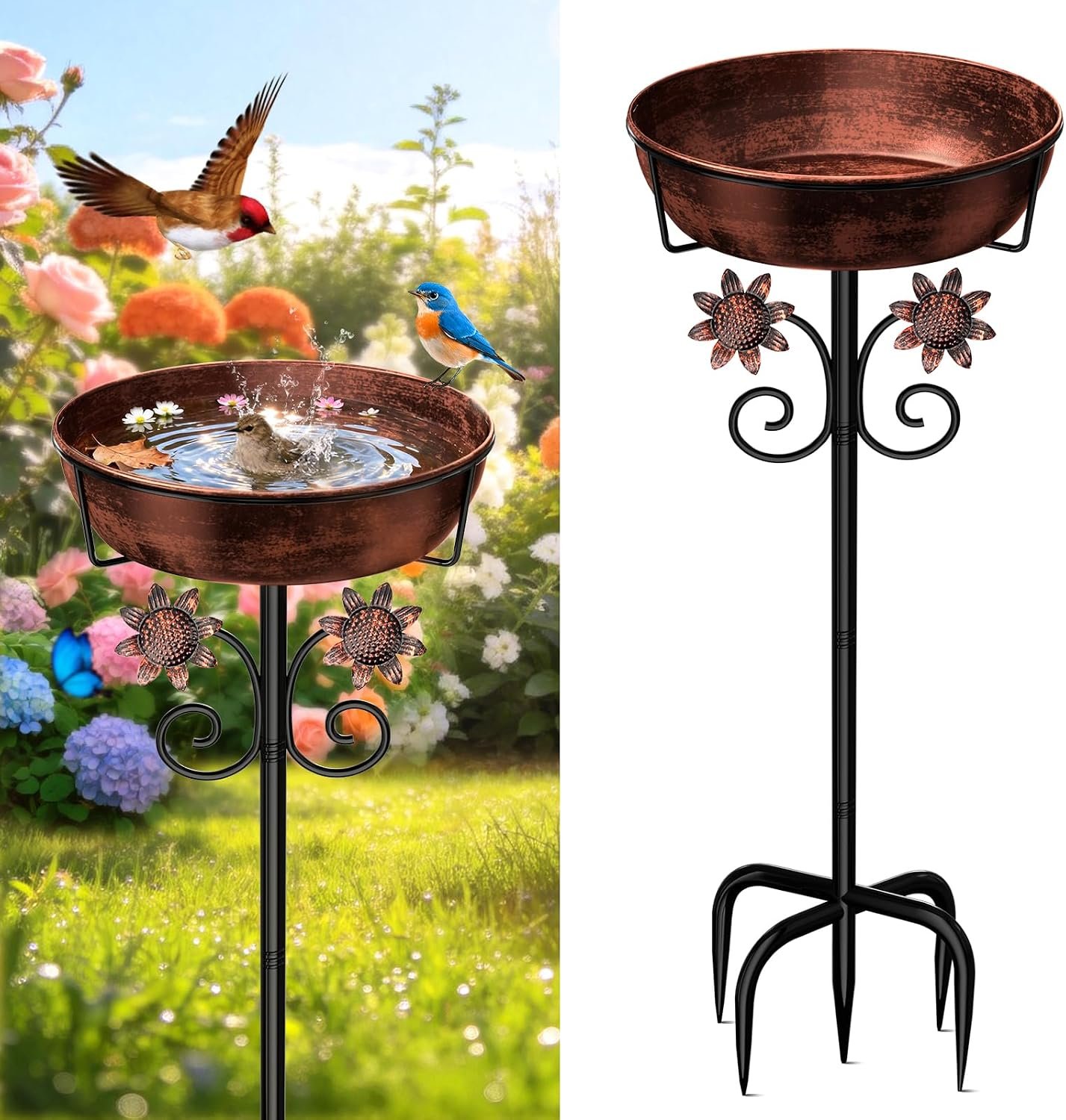 3″ Deep Metal Bird Bath for Outside, Removable 12″ Dia Vintage Bird Baths Bowl for Outdoors with Stable 5-Prong Stake, 37″ H Freestanding Birdbath for Garden Patio Yard Lawn (Brush Bronze)