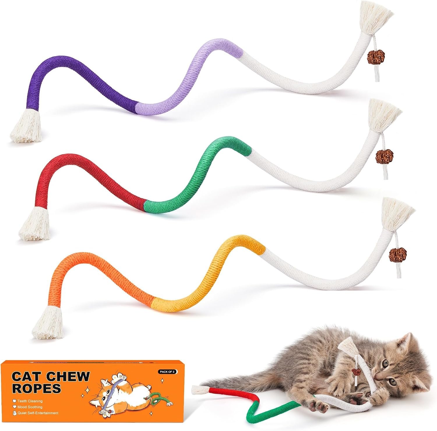 Potaroma Cat Toys Chew Ropes 3Pcs with Refillable Natural Catnip | Safe Teeth Cleaning & Teething for Indoor Kittens, Interactive Cat Nip Kitty Toys for All Breeds 19.5 Inches