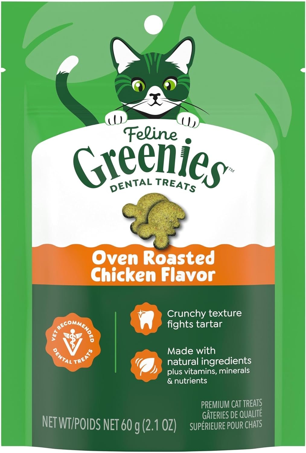 Greenies Feline Natural Dental Cat Treats, Roasted Chicken Flavor, 2.1 oz | #1 vet-recommended, clinically-proven oral care, cleans teeth and freshens breath, under 2 cal/treat, natural ingredients