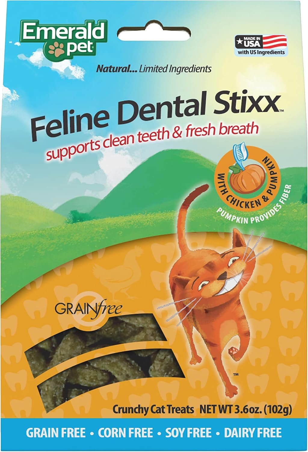 Emerald Pet Grain-Free Chicken Cat Dental Treats – Crunchy Dental Sticks for Cats to Clean Teeth, Reduce Plaque & Tartar, Freshen Breath – Pumpkin for Digestive Health, Natural Cat Chews, 3.6 oz
