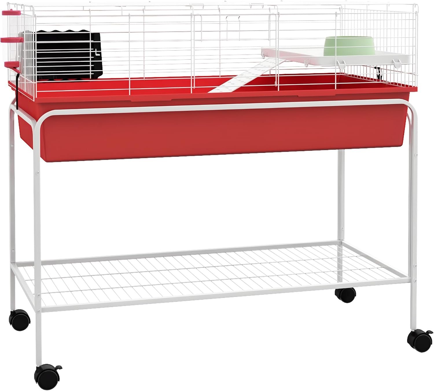 PawHut Two-Story Small Animal Cage Removable from Stand, Guinea Pig Cage with Shelf & Wheels, Pet Habitat for Hedgehog, Chinchilla, Ferret, 39″ x 20.5″ x 36.5″, Red | Removable from Stand, Guinea Pig Cage, Pet Habitat for Hedgehog, Chinchilla, Ferret