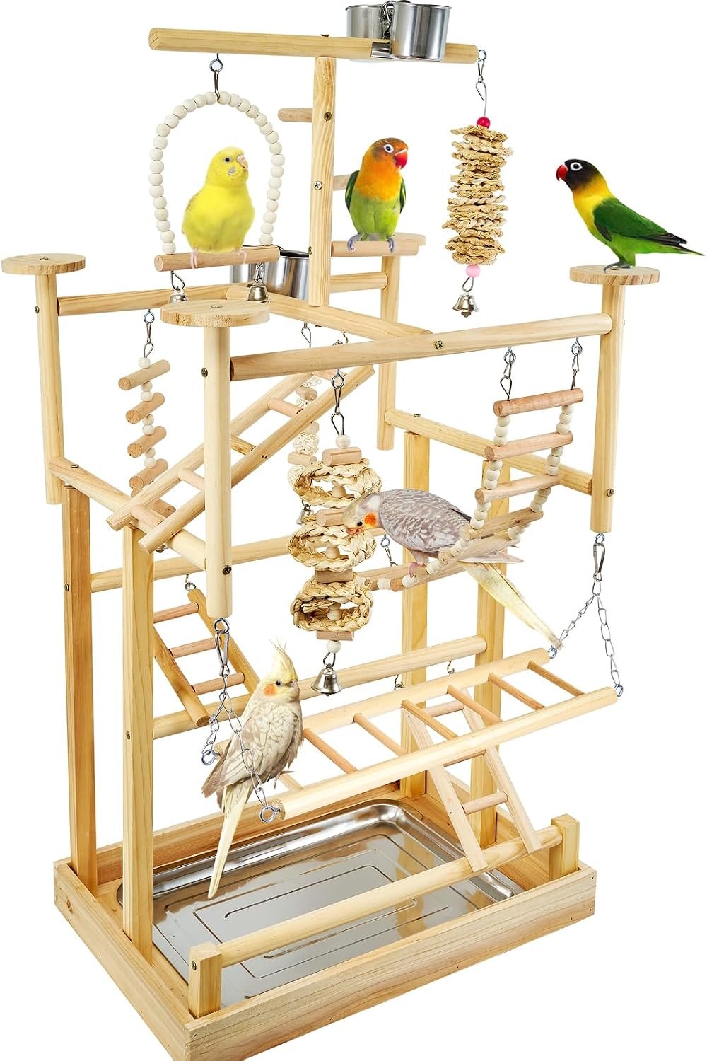 LIMIO Bird Playground – Natural Wood Parrot Playstand with Perches, Bird Play Gym & Accessories, Removable Tray & 4 Stainless Steel Cups