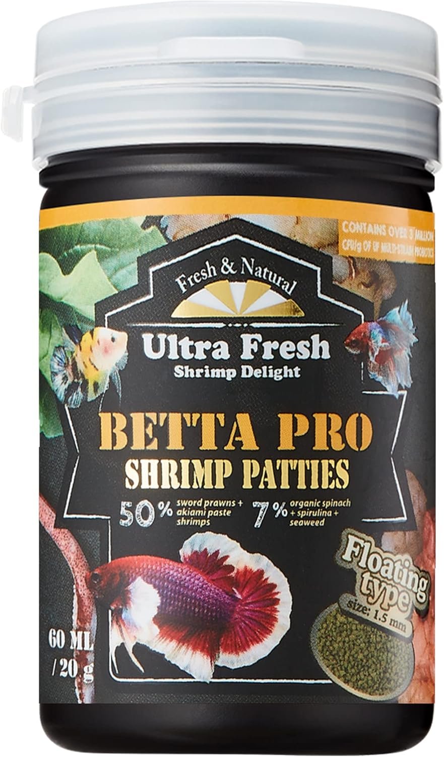 Ultra Fresh Betta Fish Food, Betta Pro Shrimp Patties, 50% Sword Prawns + Akiami Paste Shrimps, All Natural Protein, Rich in Vitamins, Healthy Development and Cleaner Water 0.7 oz