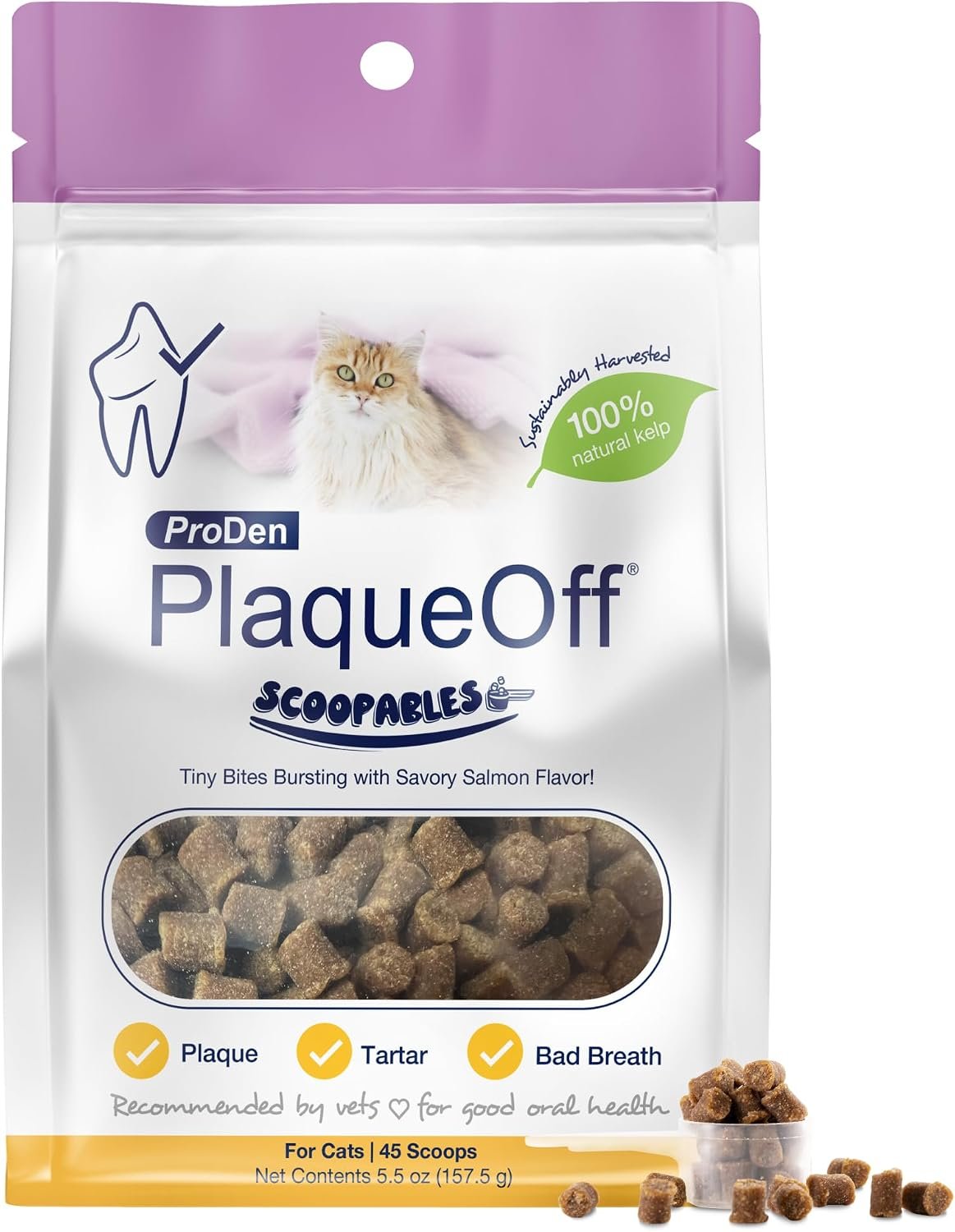 ProDen PlaqueOff Dental Scoopables Salmon Flavor Topper for Cats- 45 Scoops | Natural Kelp Formula for Plaque & Tartar Control, Freshens Breath- 45 Scoops