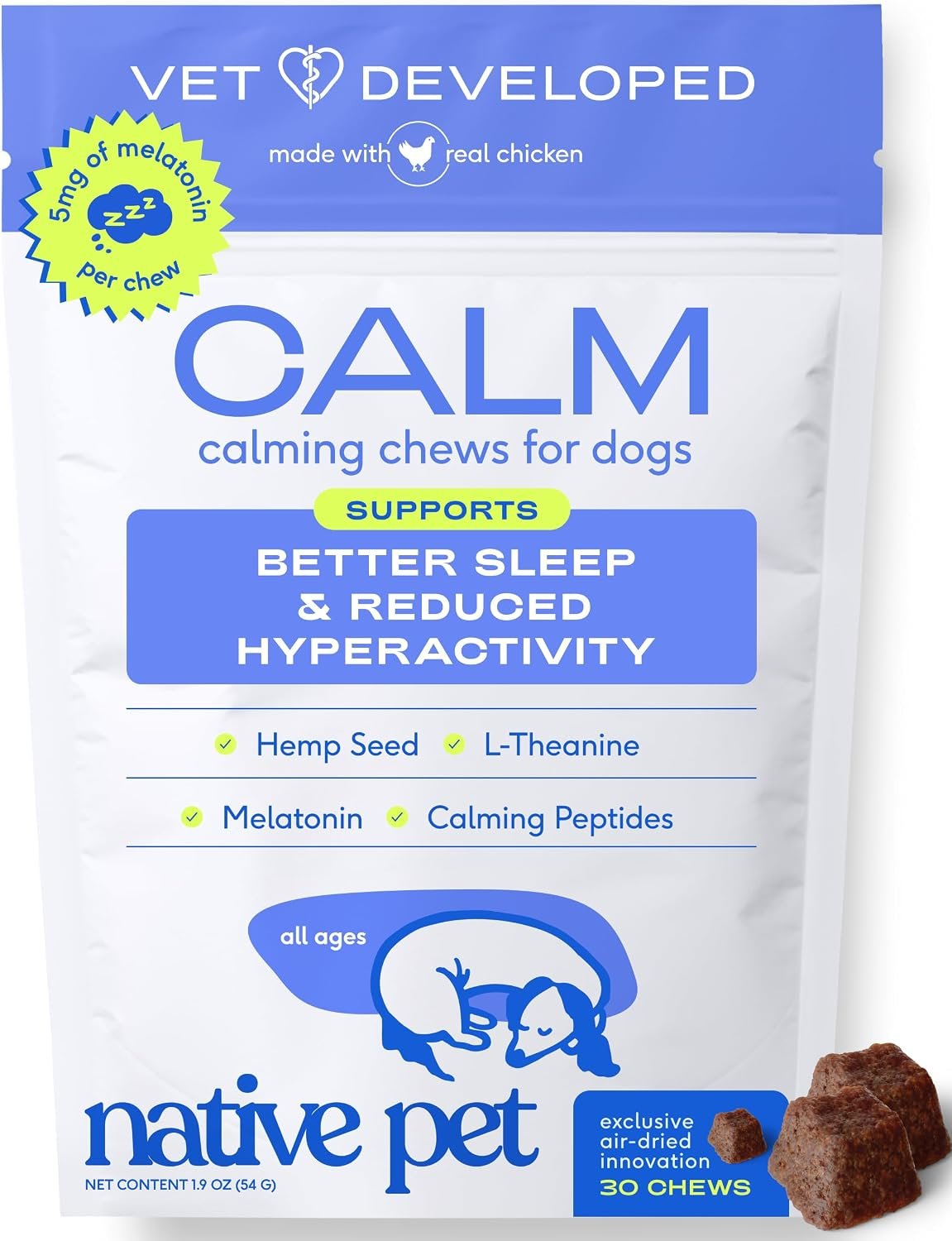 Native Pet Calming Chews for Dogs – Promotes Calming Effect, Supports Emotional Balance & Reduces Hyperactivity – Hemp Seed, Melatonin for Dogs, L-Theanine & Casein – Air-Dried 30 Chews