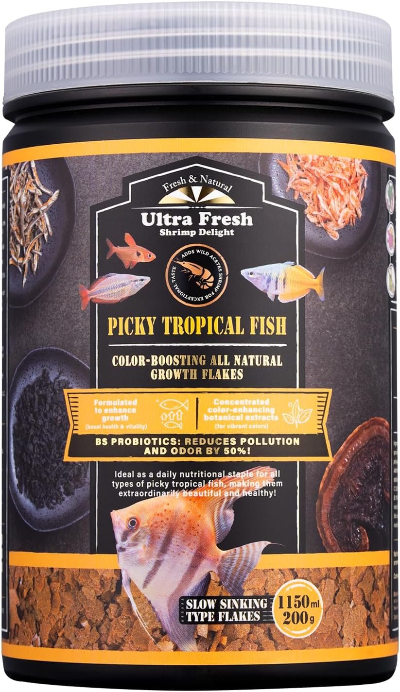 Ultra Fresh Tropical Fish Flakes Food, Color Boosting, All Natural, Complete Nutrition for Tropical Fish, Discus, Angelfish 7.05oz