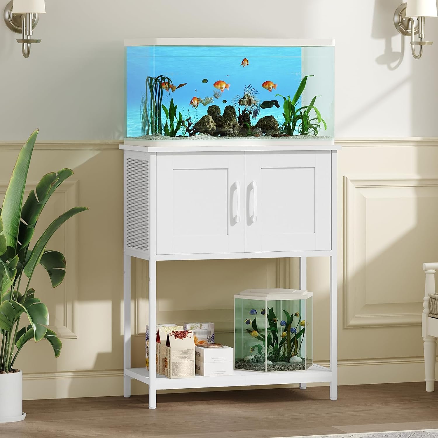 MAHANCRIS 10 Gallon Fish Tank Stand, Metal Frame Aquarium Stand, Cabinet for Fish Tank Accessories Storage, Heavy Duty Reptile Turtle Tank Stand for Home Office, 23.6″ L x 11.8″ W, White FTWT2101